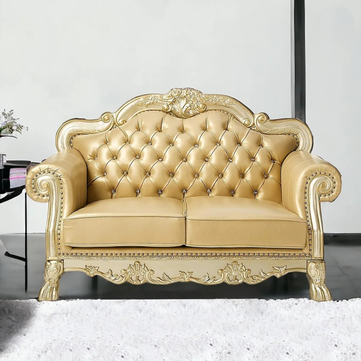 Bone And Gold Faux Leather Loveseat and Toss Pillows By Homeroots - Image 4