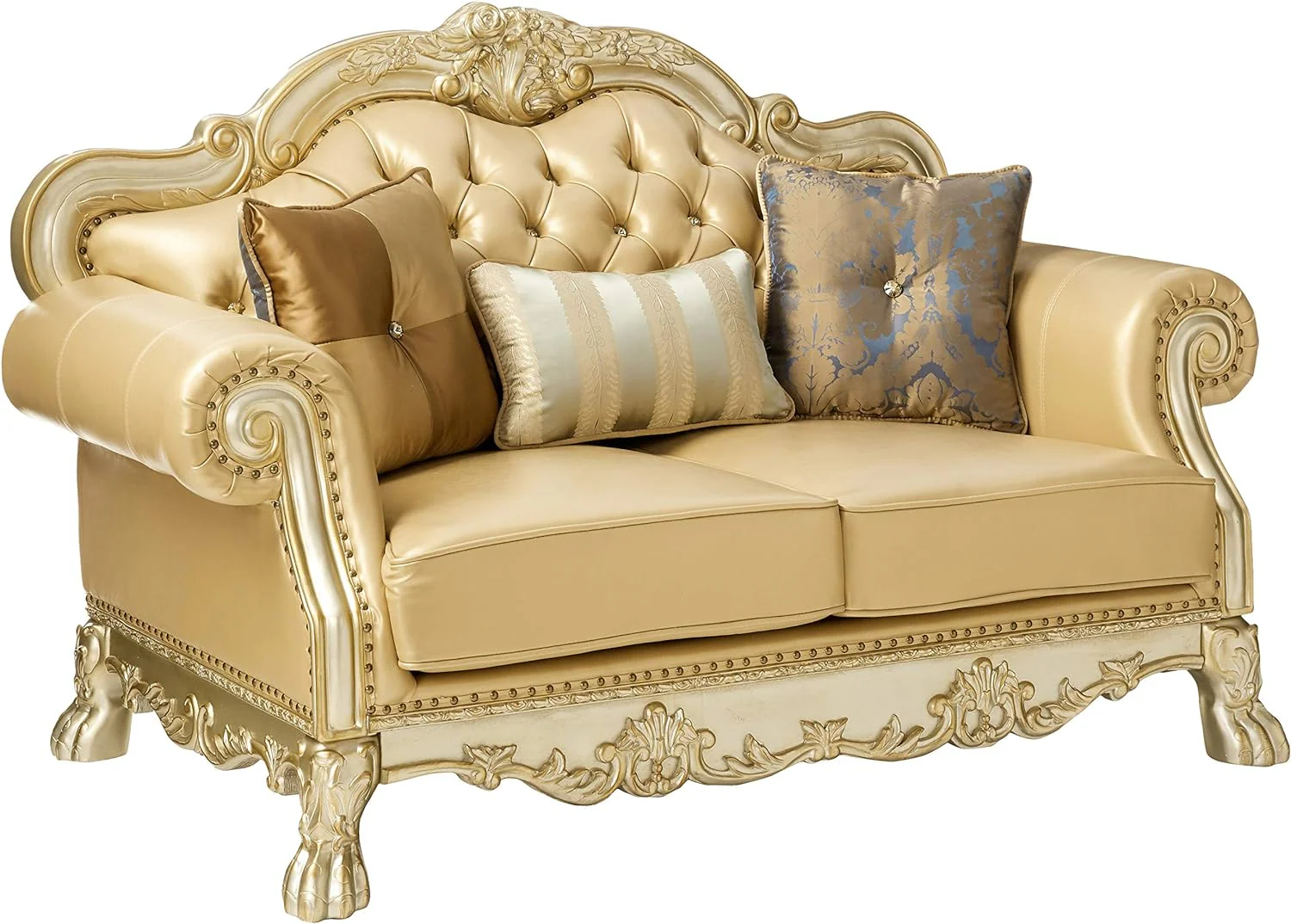 Bone And Gold Faux Leather Loveseat and Toss Pillows By Homeroots - Image 5