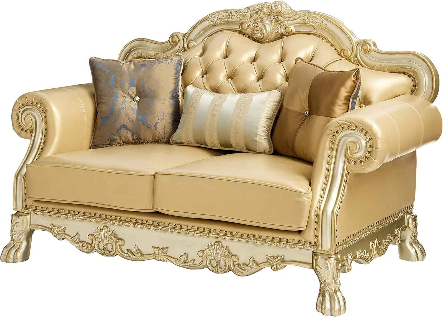 Bone And Gold Faux Leather Loveseat and Toss Pillows By Homeroots - Image 7
