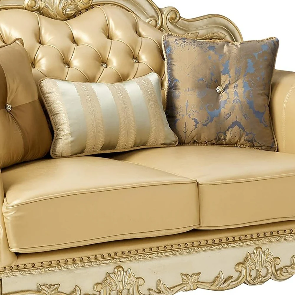 Bone And Gold Faux Leather Loveseat and Toss Pillows By Homeroots - Image 8
