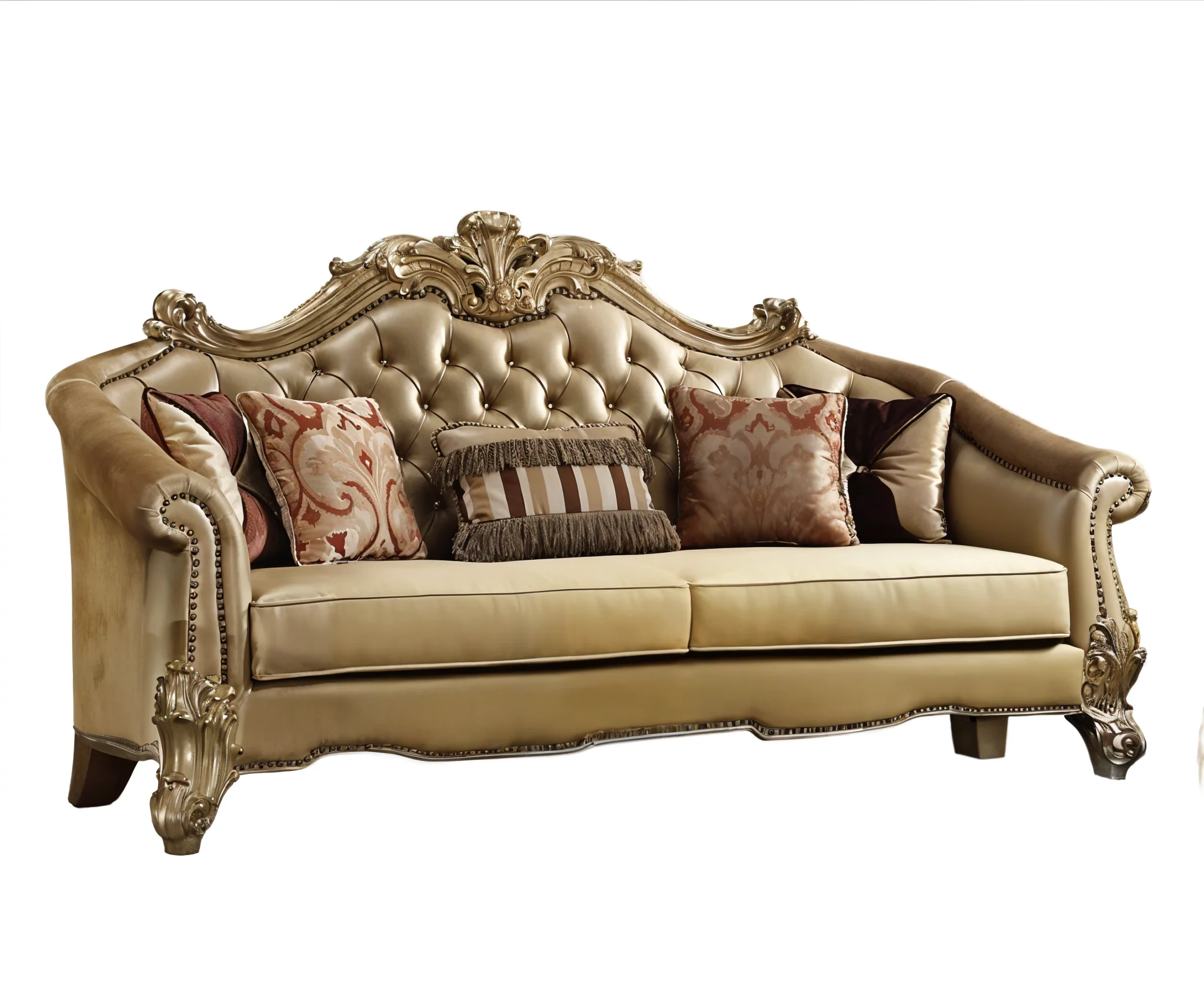 Bone Faux Leather Sofa And Toss Pillows With Gold Legs By Homeroots - Image 2