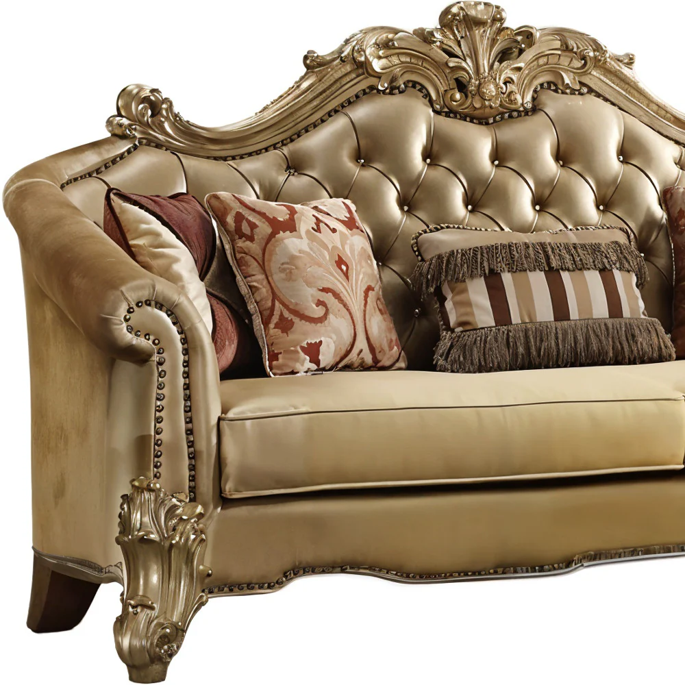 Bone Faux Leather Sofa And Toss Pillows With Gold Legs By Homeroots - Image 4