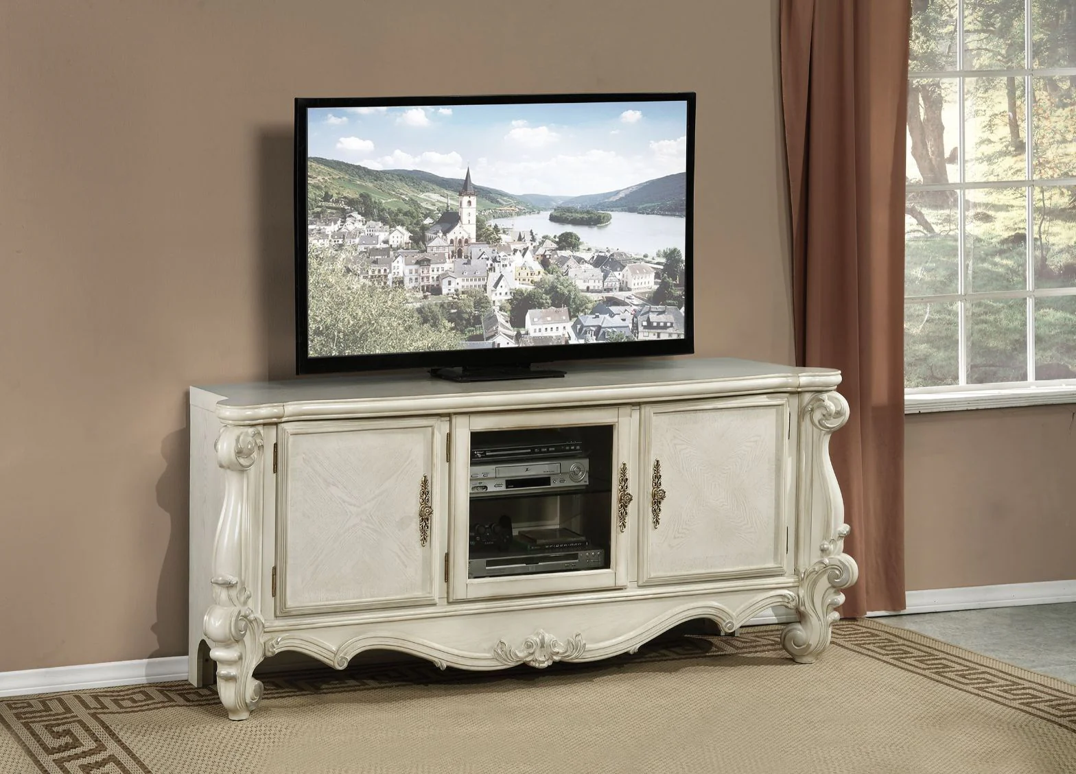 Bone White Wood Poly Resin Glass TV Console By Homeroots - Image 2
