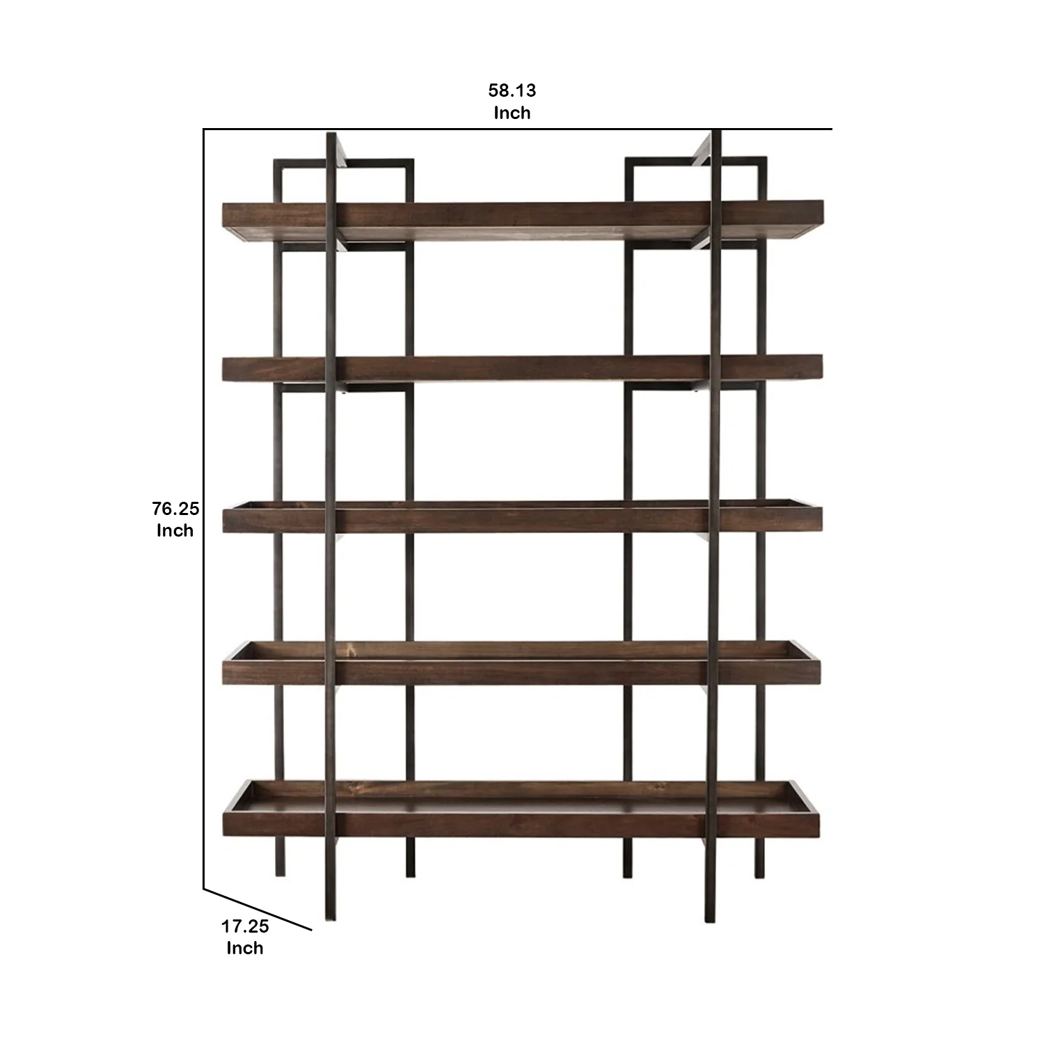 Bookcase with 5 Fixed Wooden Shelves and Metal Frame, Brown and Black By Benzara - Image 2