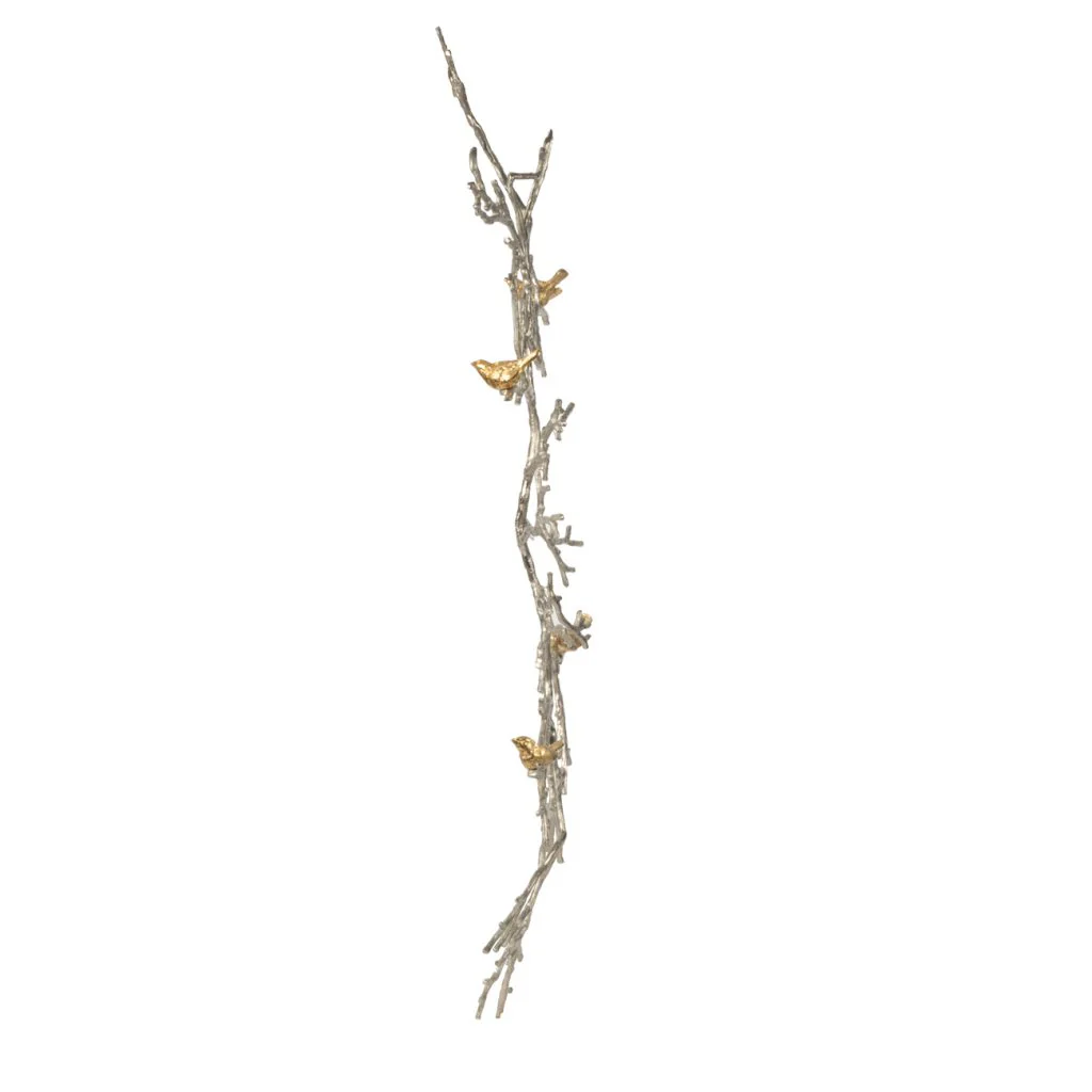 Branch Shape Aluminum WallDecor with Four Bird Accents, Gold By Benzara - Image 2