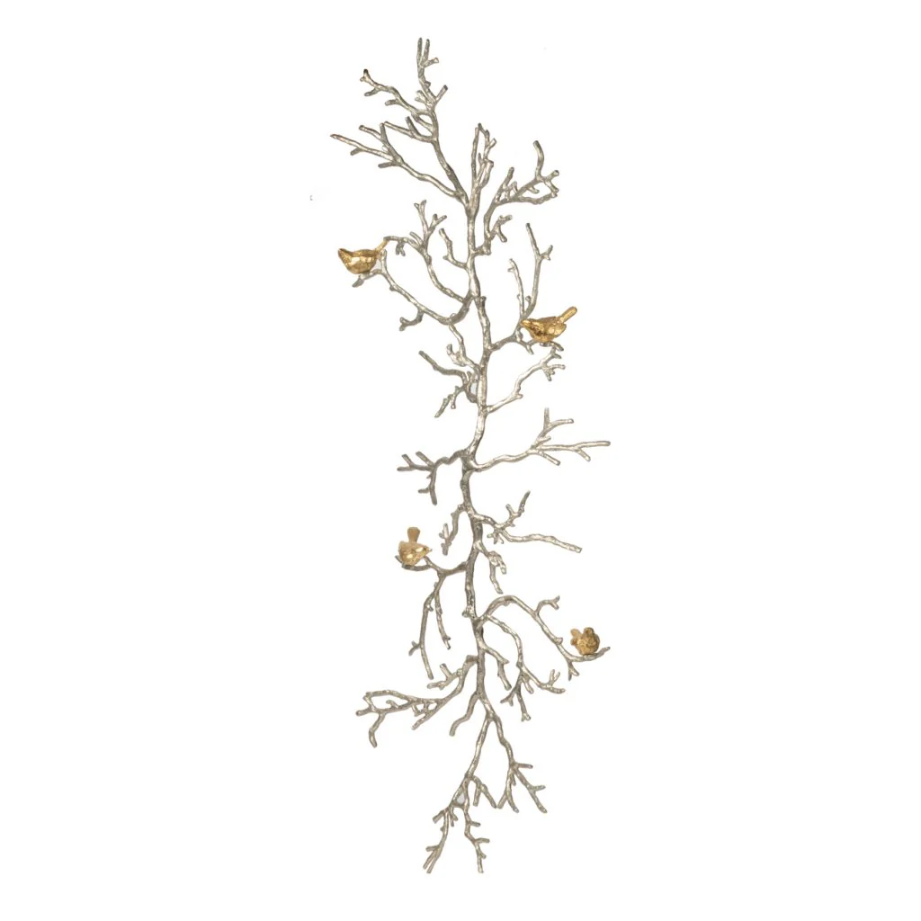 Branch Shape Aluminum WallDecor with Four Bird Accents, Gold By Benzara - Image 3