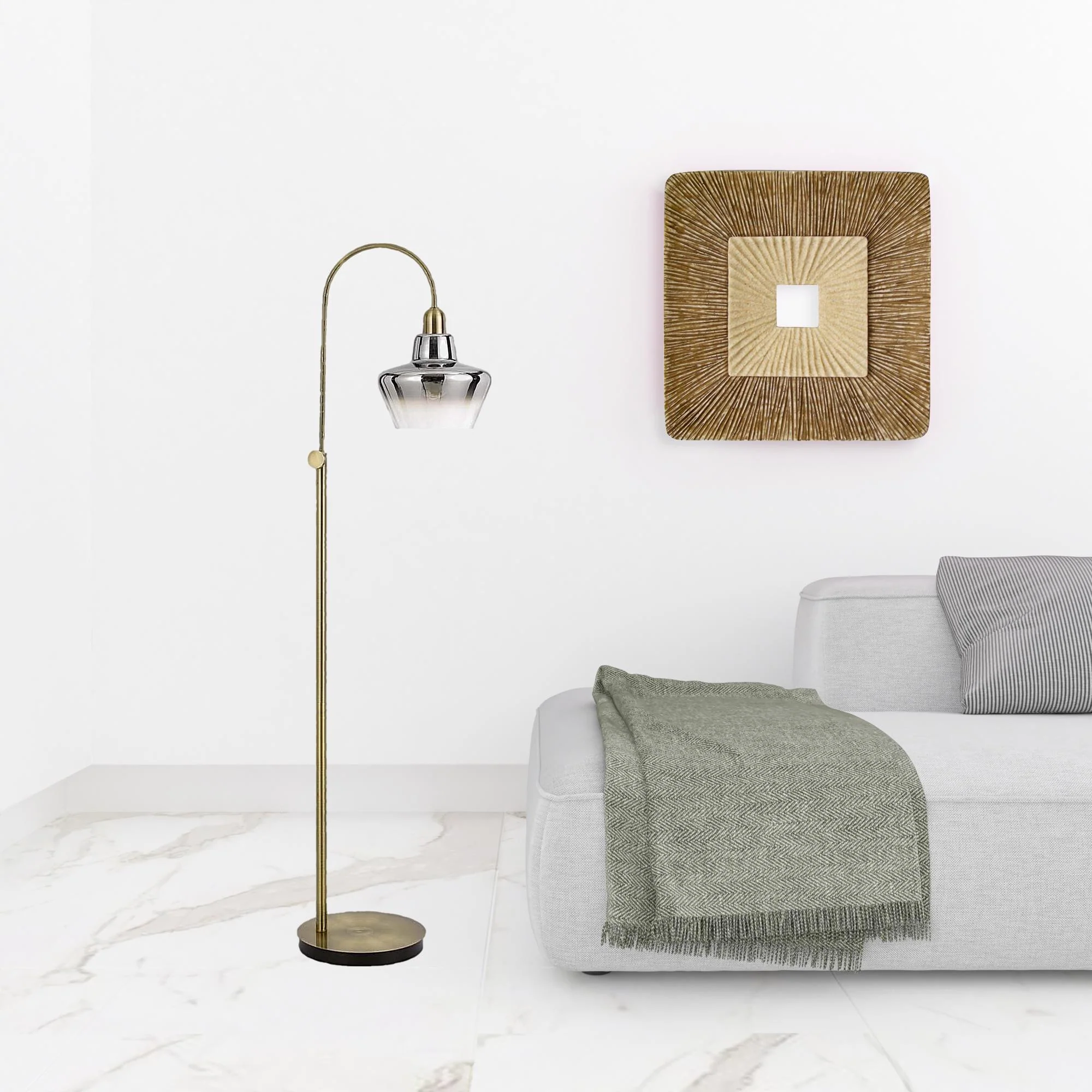 Brass Adjustable Arc Floor Lamp With Antiqued Brass Mirrored Glass Novelty Shade By Homeroots - Image 2