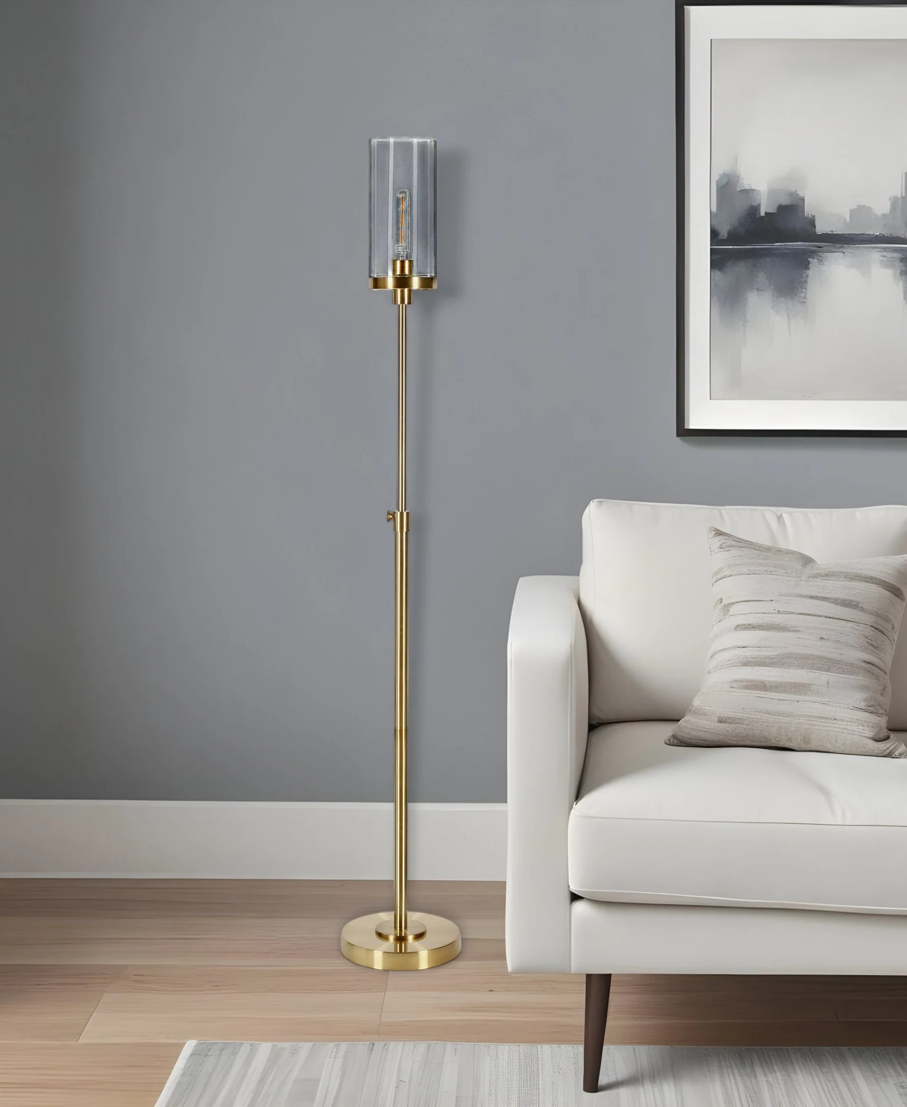 Brass Adjustable Torchiere Floor Lamp With Clear Glass Cylinder Shade By Homeroots - Image 2
