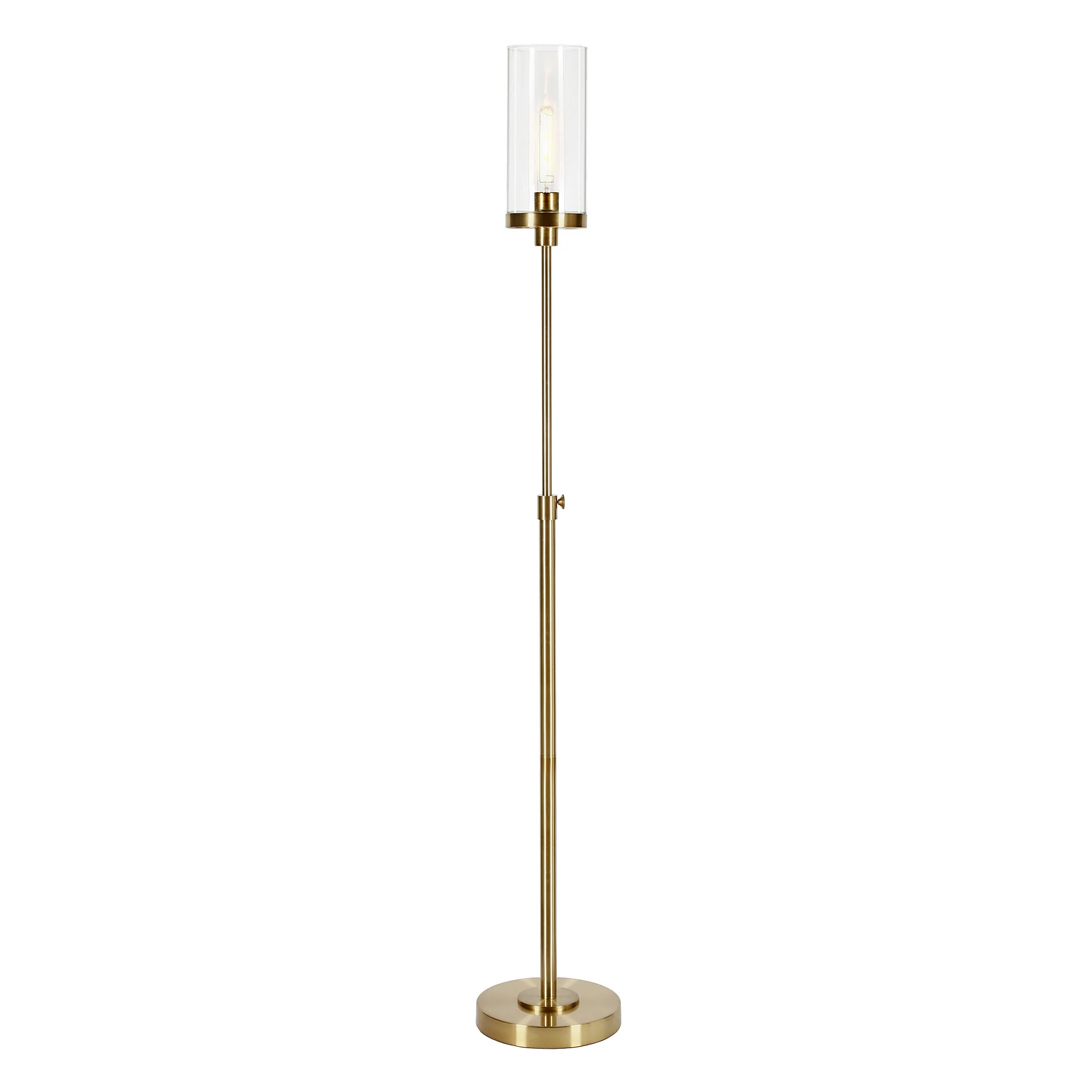 Brass Adjustable Torchiere Floor Lamp With Clear Glass Cylinder Shade By Homeroots - Image 5