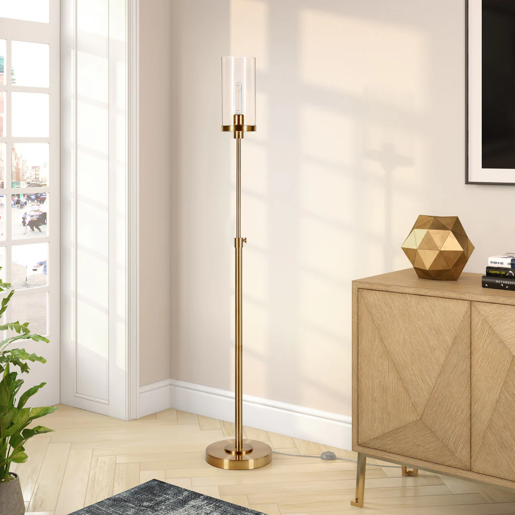 Brass Adjustable Torchiere Floor Lamp With Clear Glass Cylinder Shade By Homeroots - Image 6