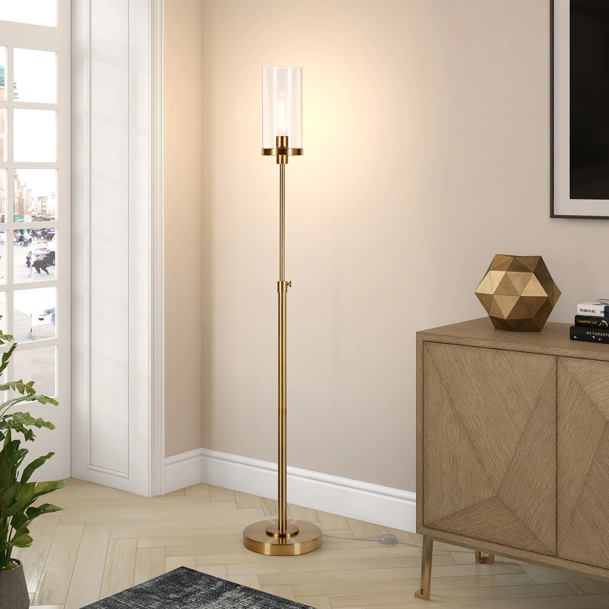 Brass Adjustable Torchiere Floor Lamp With Clear Glass Cylinder Shade By Homeroots - Image 8
