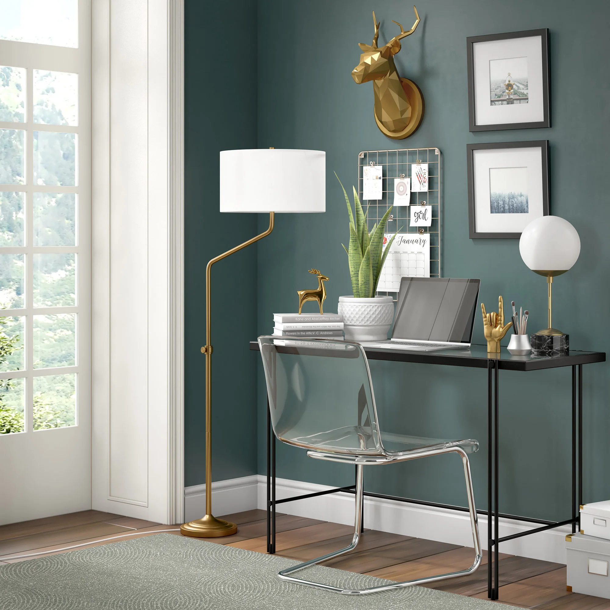 Brass Adjustable Traditional Shaped Floor Lamp With White Frosted Glass Drum Shade By Homeroots - Image 2