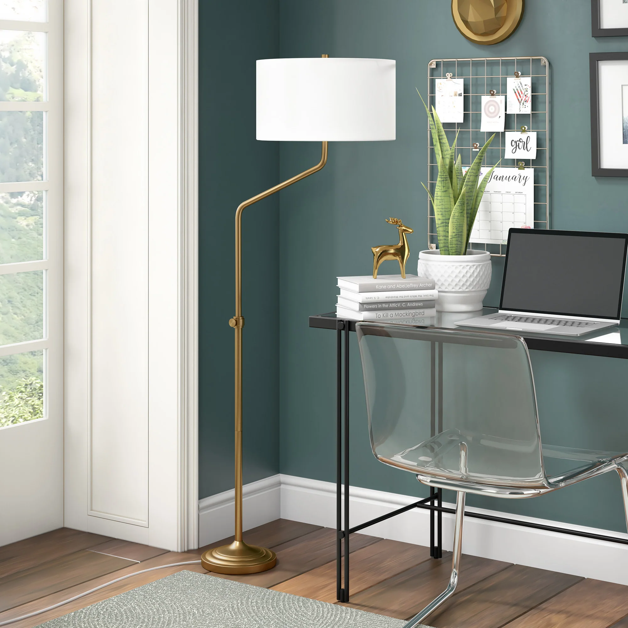Brass Adjustable Traditional Shaped Floor Lamp With White Frosted Glass Drum Shade By Homeroots - Image 5