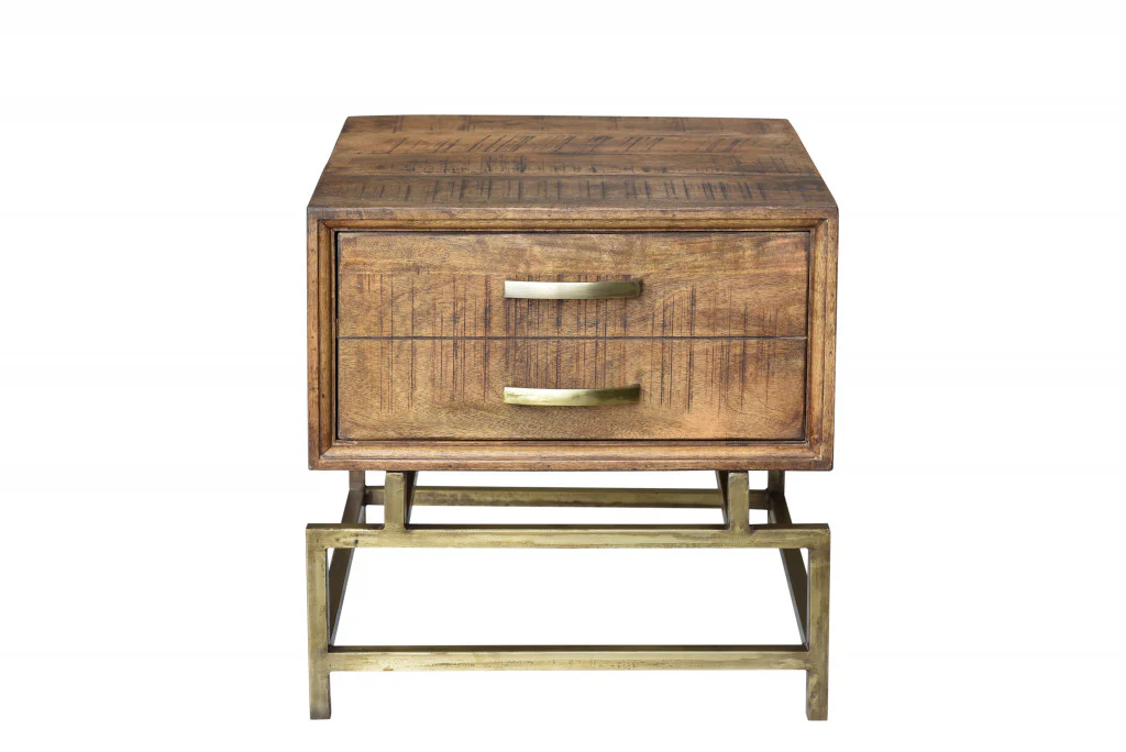 Brass And Brown Solid Wood And Iron Square End Table With Drawer By Homeroots - Image 2