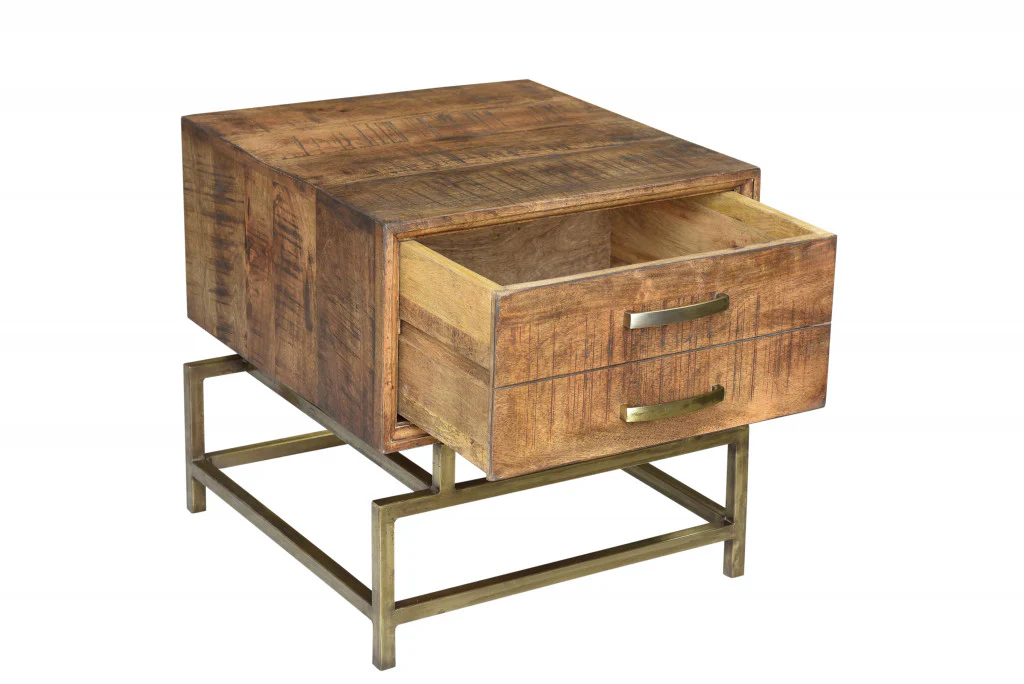 Brass And Brown Solid Wood And Iron Square End Table With Drawer By Homeroots - Image 3
