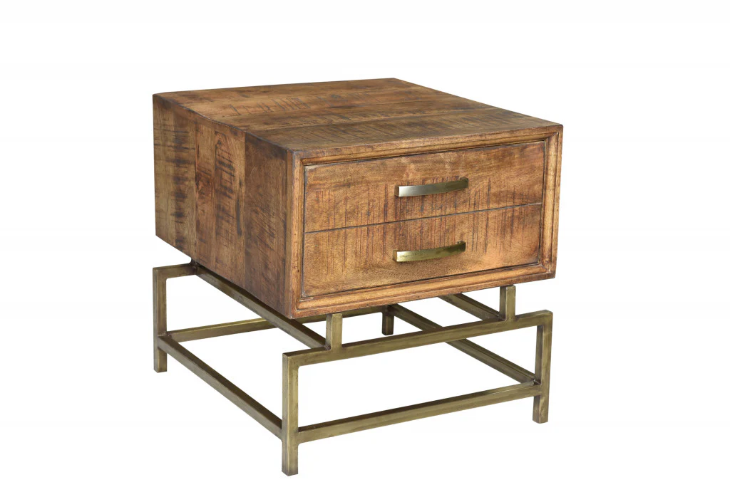 Brass And Brown Solid Wood And Iron Square End Table With Drawer By Homeroots - Image 4