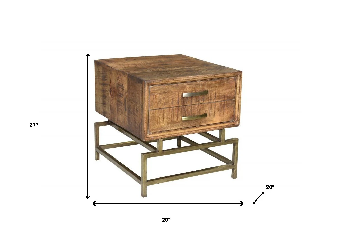 Brass And Brown Solid Wood And Iron Square End Table With Drawer By Homeroots - Image 5