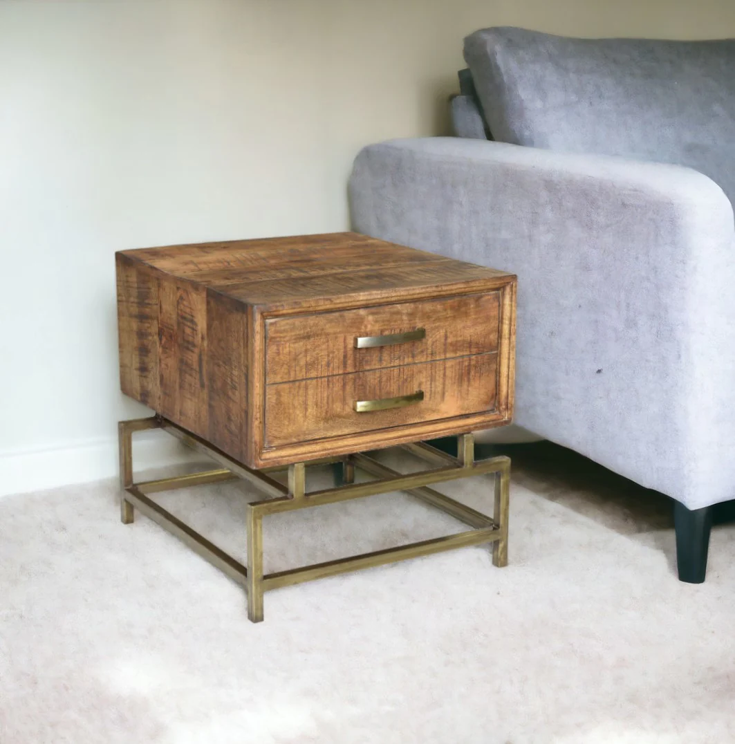 Brass And Brown Solid Wood And Iron Square End Table With Drawer By Homeroots - Image 6