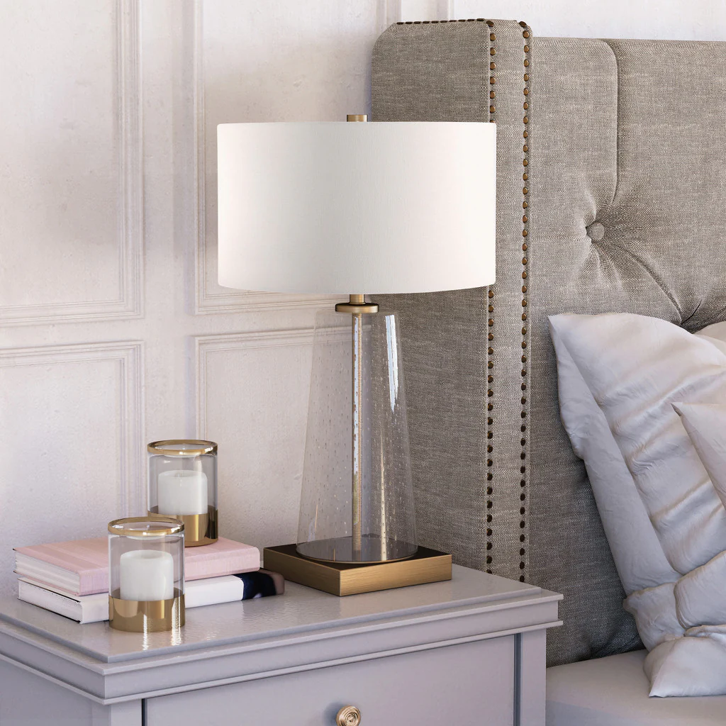 Brass and Clear Metal and Glass Table Lamp With White Drum Shade By Homeroots - Image 3