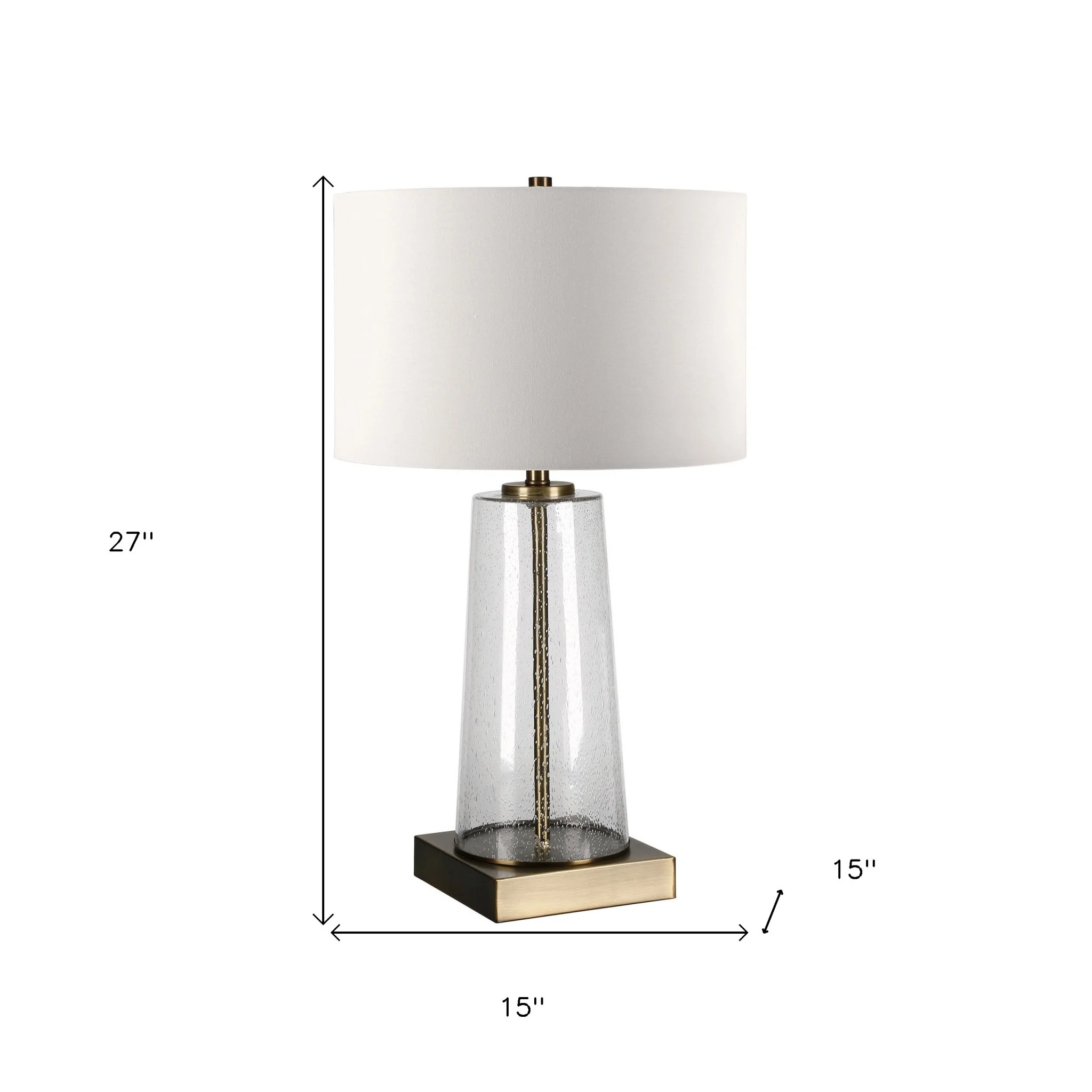 Brass and Clear Metal and Glass Table Lamp With White Drum Shade By Homeroots - Image 5