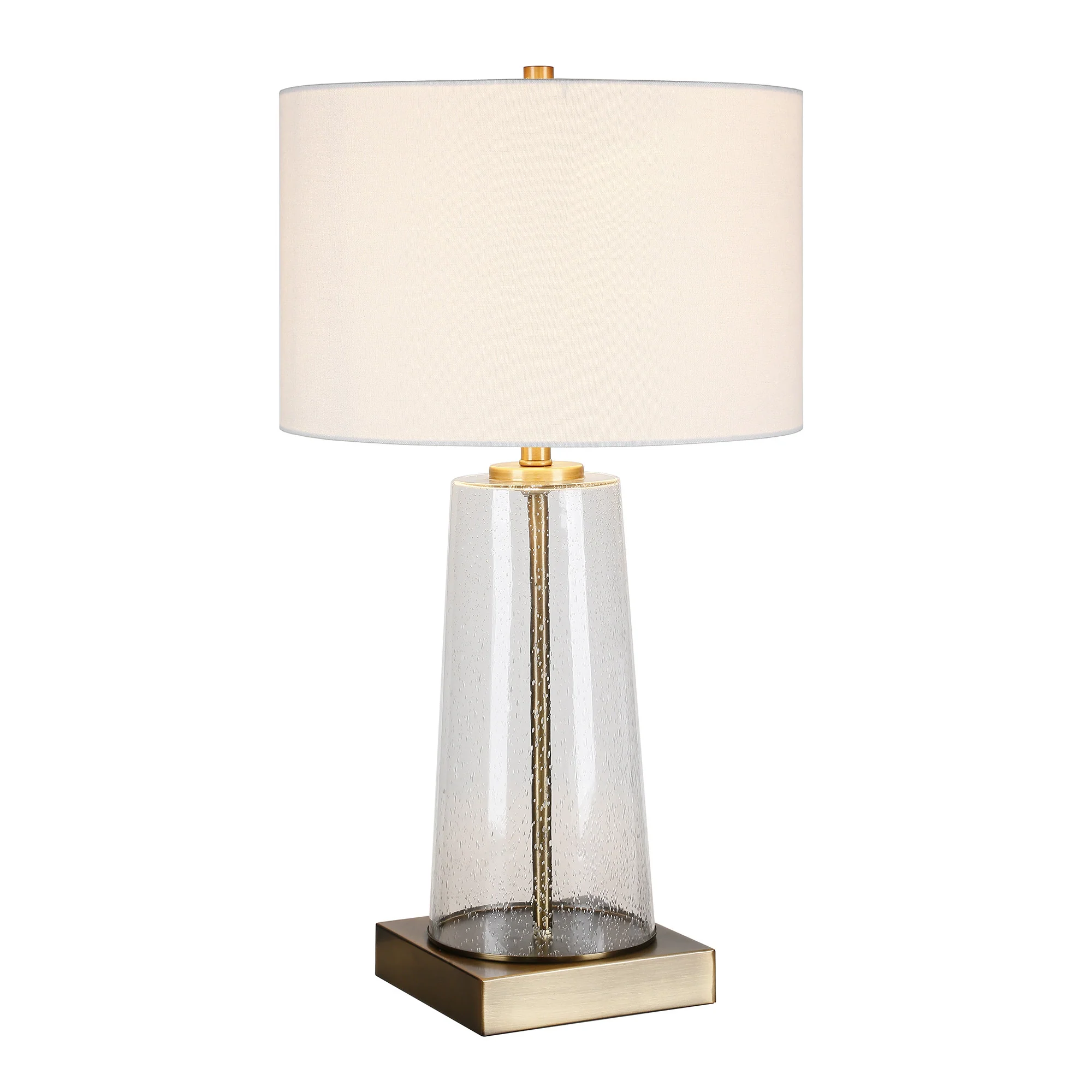 Brass and Clear Metal and Glass Table Lamp With White Drum Shade By Homeroots - Image 6