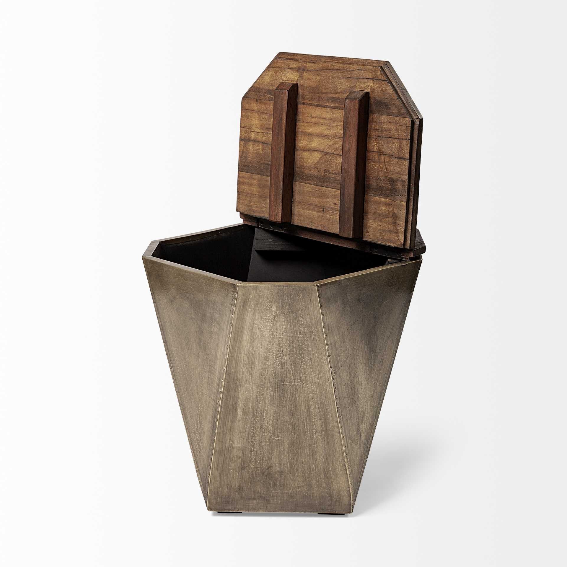 Brass and Natural Wood Side Table with Hexagonal Hinged-Top By Homeroots - Image 2