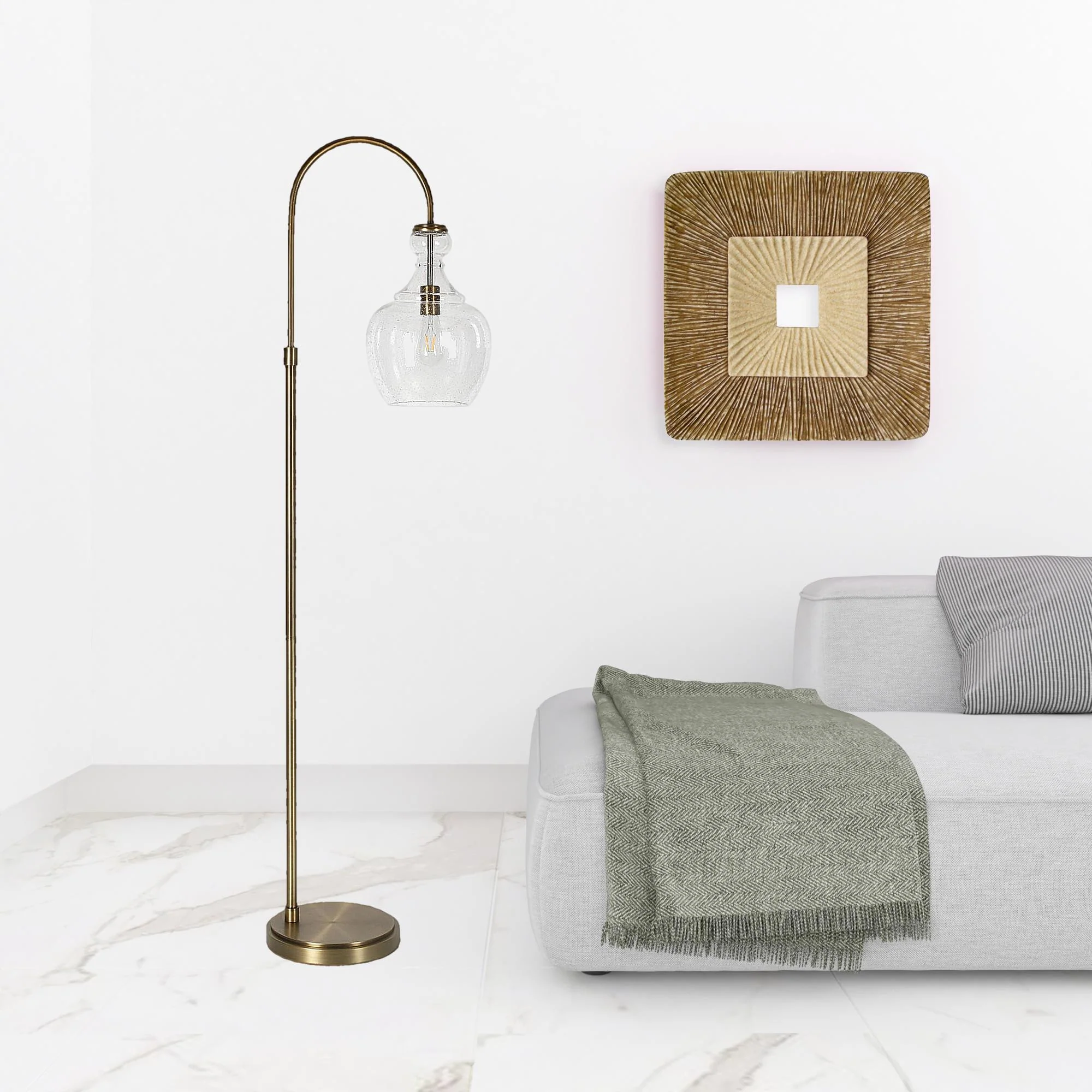 Brass Arched Floor Lamp With Clear Seeded Glass Dome Shade By Homeroots - Image 3