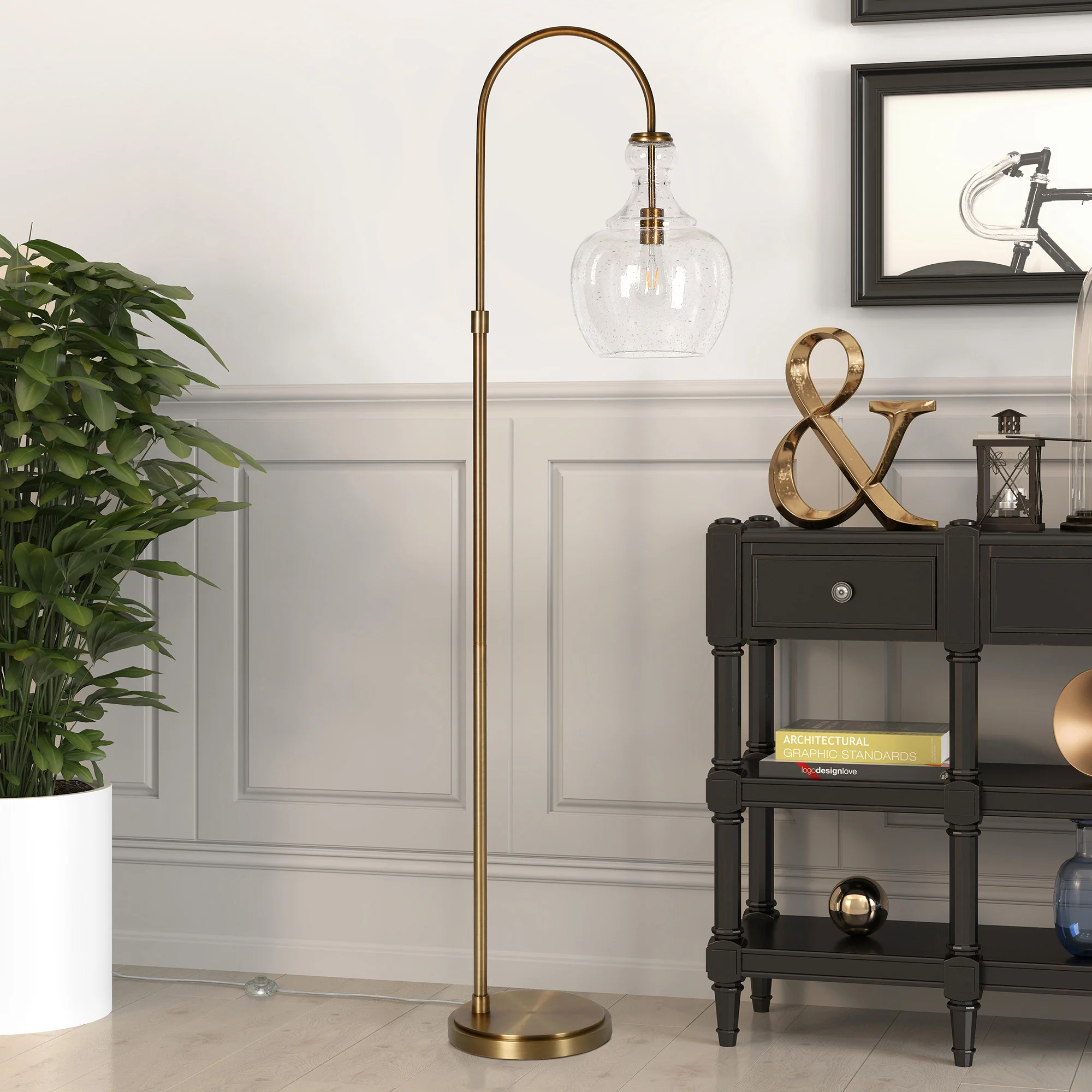 Brass Arched Floor Lamp With Clear Seeded Glass Dome Shade By Homeroots - Image 5