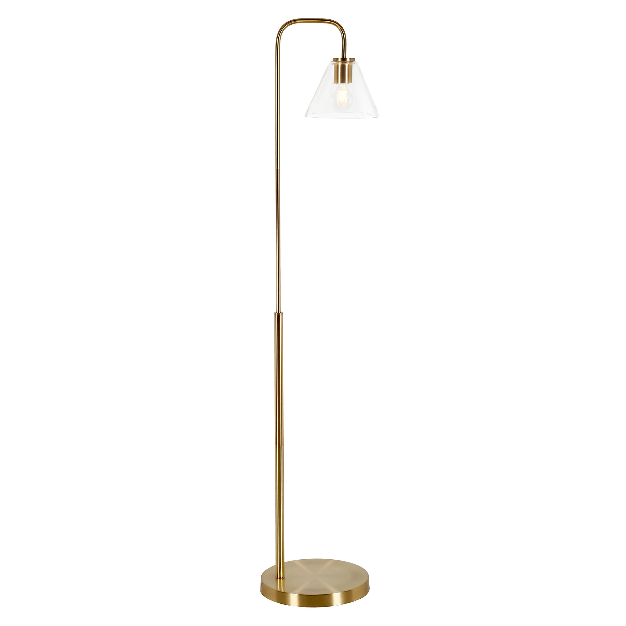 Brass Arched Floor Lamp With Clear Transparent Glass Cone Shade By Homeroots - Image 3
