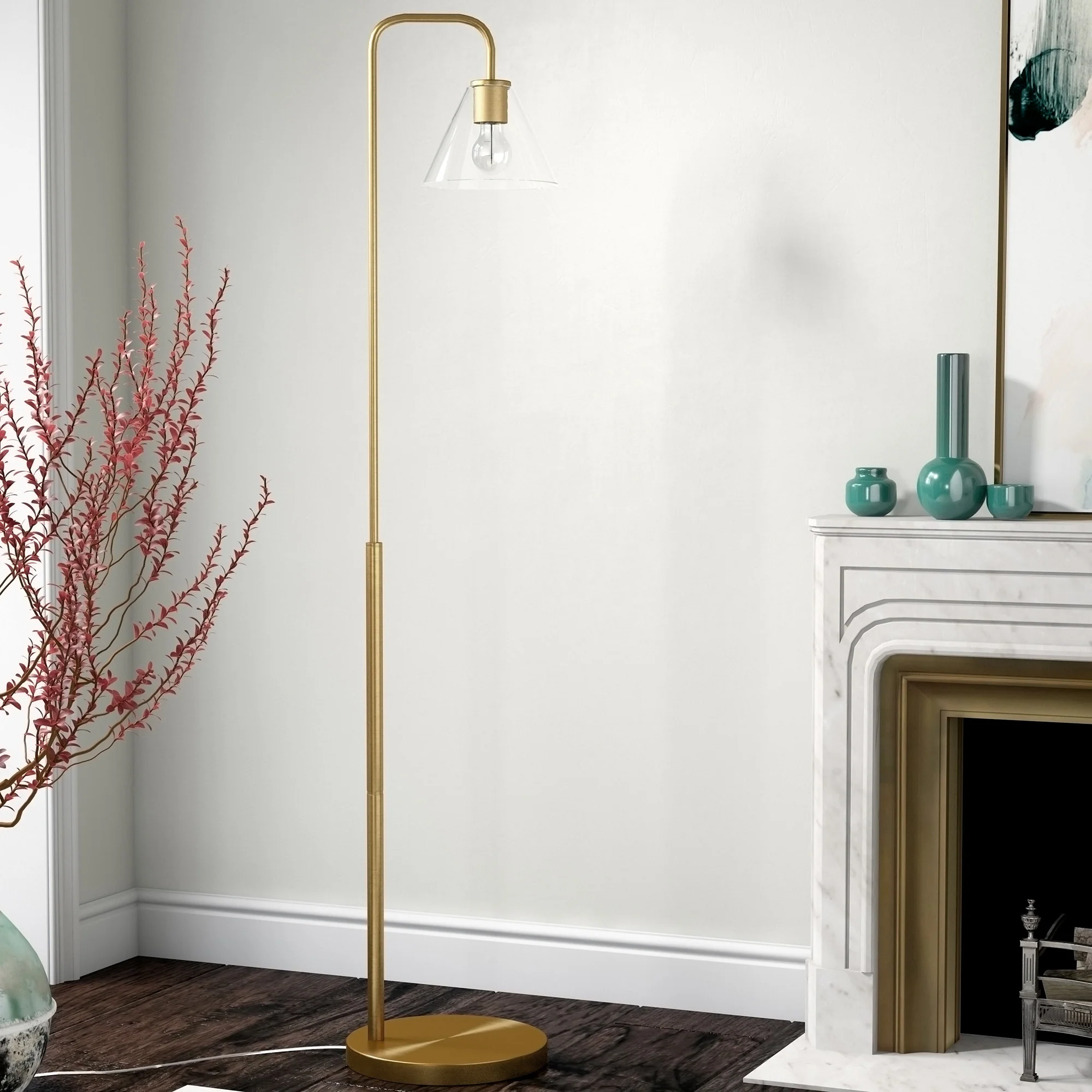 Brass Arched Floor Lamp With Clear Transparent Glass Cone Shade By Homeroots - Image 6