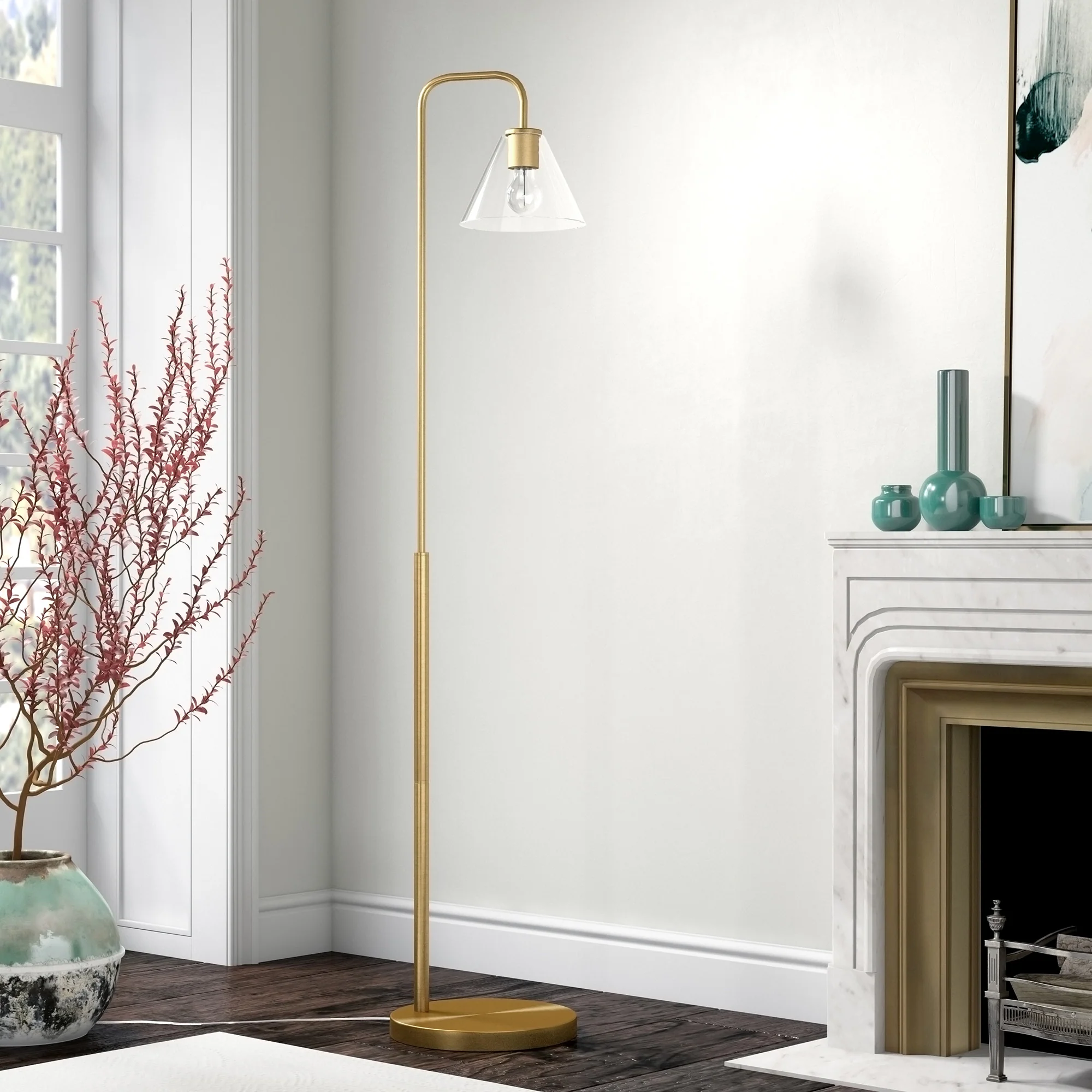 Brass Arched Floor Lamp With Clear Transparent Glass Cone Shade By Homeroots - Image 7