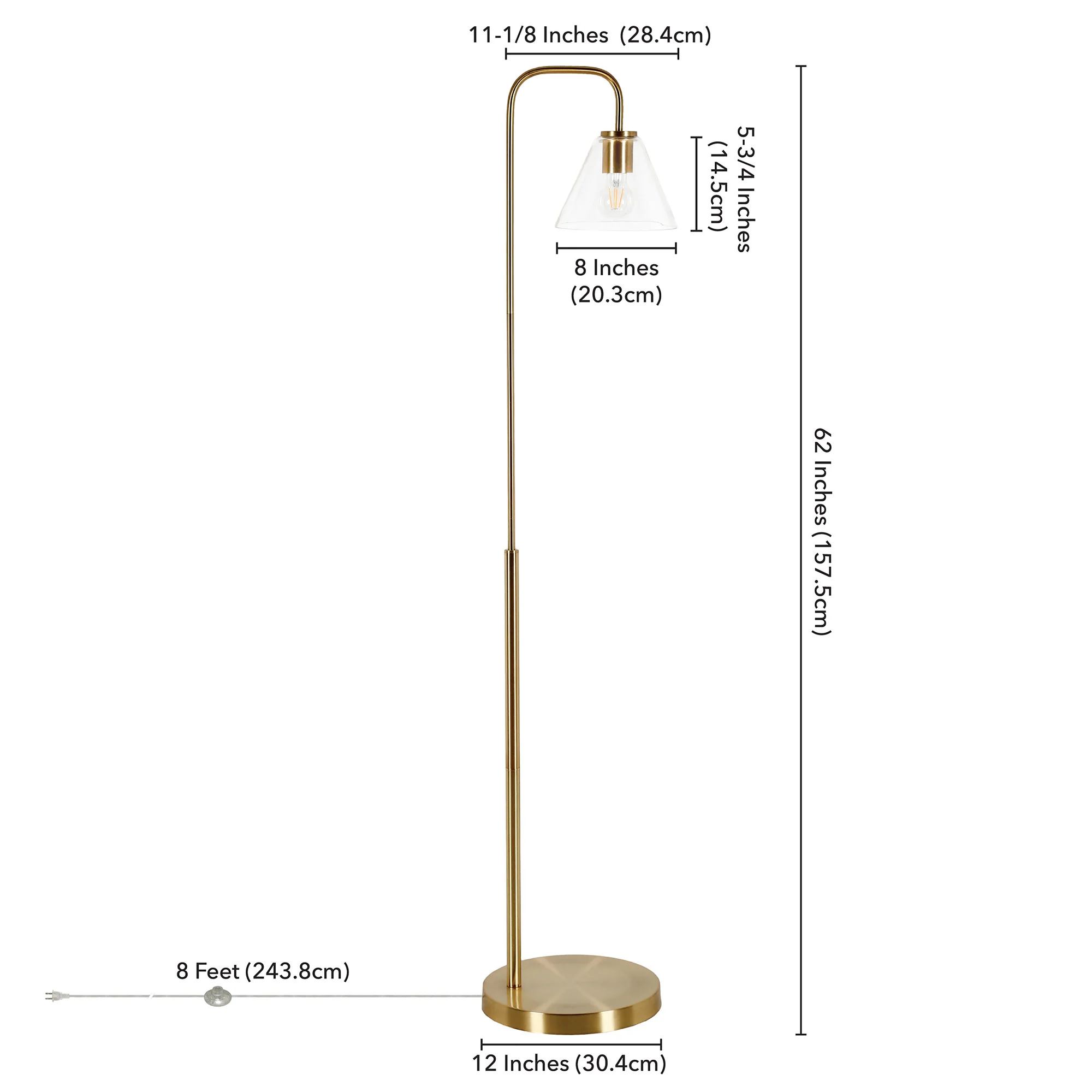 Brass Arched Floor Lamp With Clear Transparent Glass Cone Shade By Homeroots - Image 8