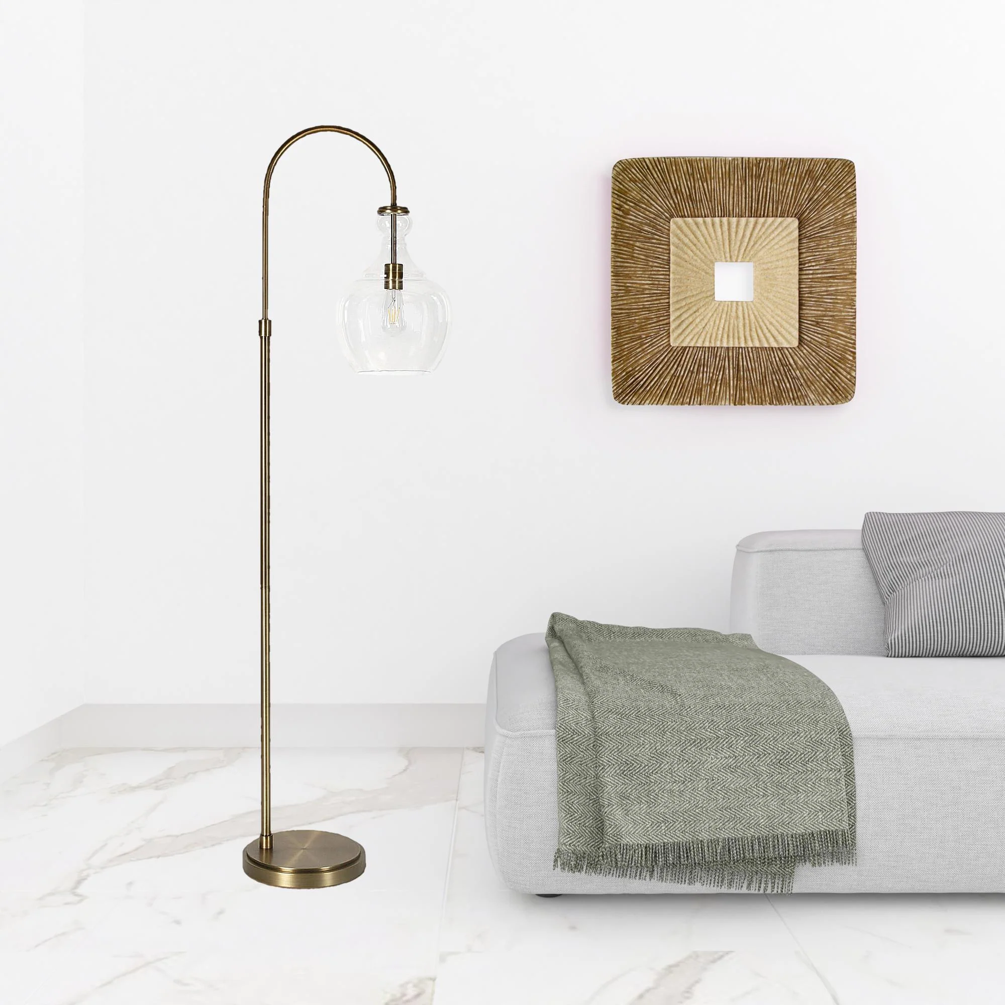 Brass Arched Floor Lamp With Clear Transparent Glass Dome Shade By Homeroots - Image 3