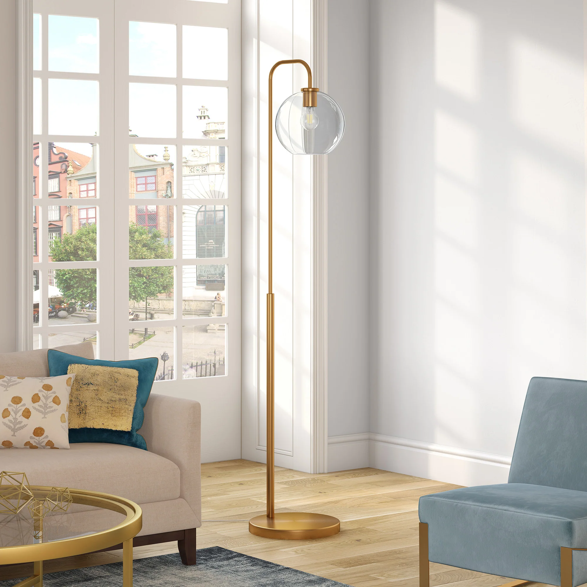 Brass Arched Floor Lamp With Clear Transparent Glass Globe Shade By Homeroots - Image 5