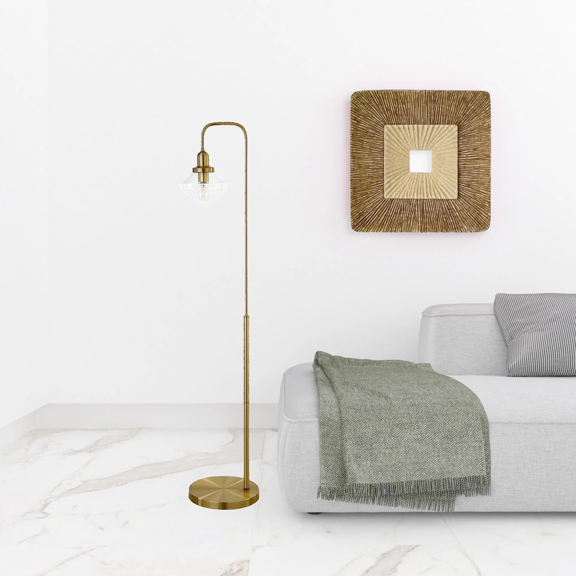 Brass Arched Floor Lamp With Clear Transparent Glass Shade By Homeroots - Image 4
