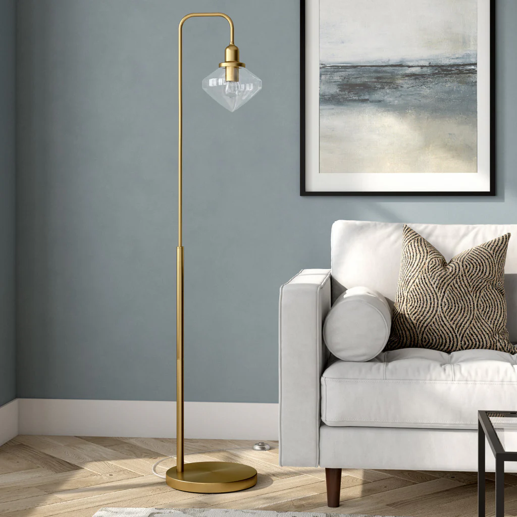Brass Arched Floor Lamp With Clear Transparent Glass Shade By Homeroots - Image 6