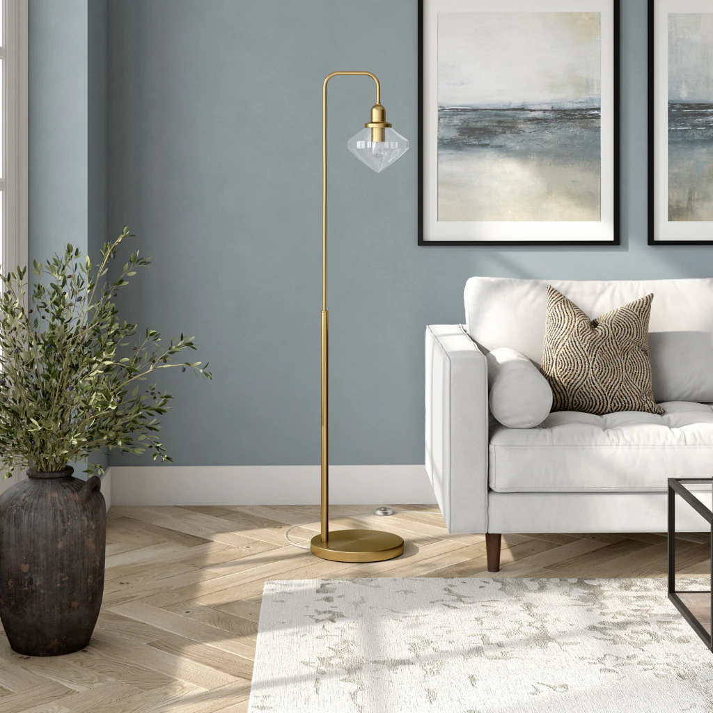 Brass Arched Floor Lamp With Clear Transparent Glass Shade By Homeroots - Image 7