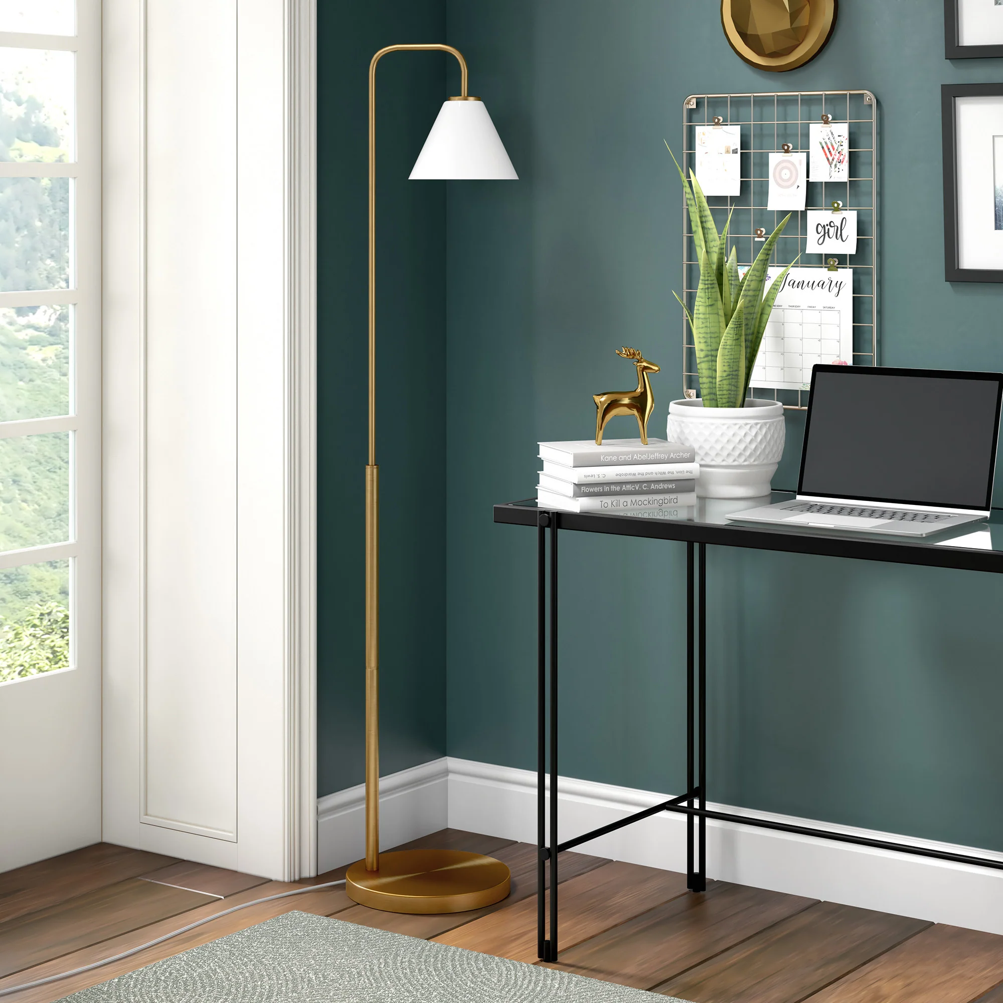 Brass Arched Floor Lamp With White Frosted Glass Cone Shade By Homeroots - Image 4