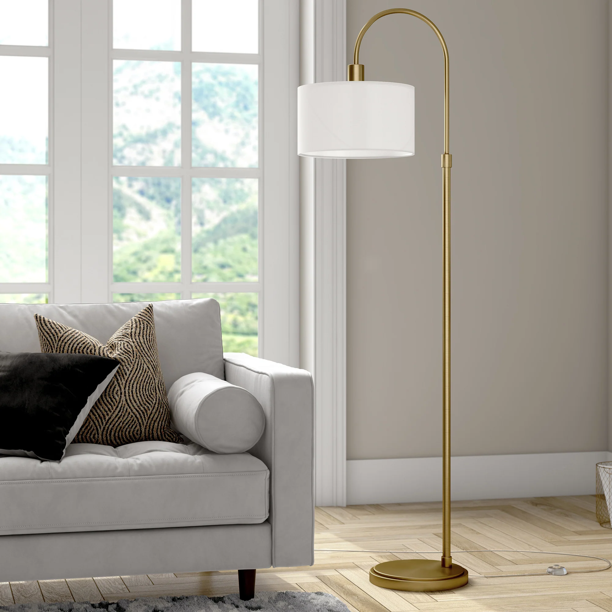 Brass Arched Floor Lamp With White Frosted Glass Drum Shade By Homeroots - Image 3