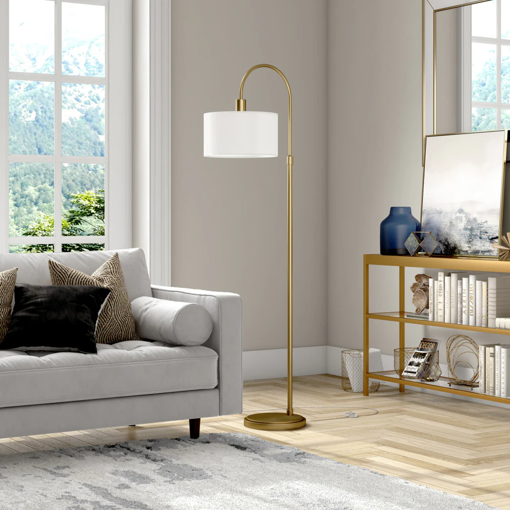 Brass Arched Floor Lamp With White Frosted Glass Drum Shade By Homeroots - Image 4