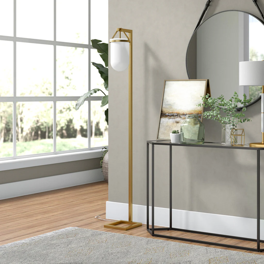 Brass Arched Floor Lamp With White No Pattern Frosted Glass Dome Shade By Homeroots - Image 4