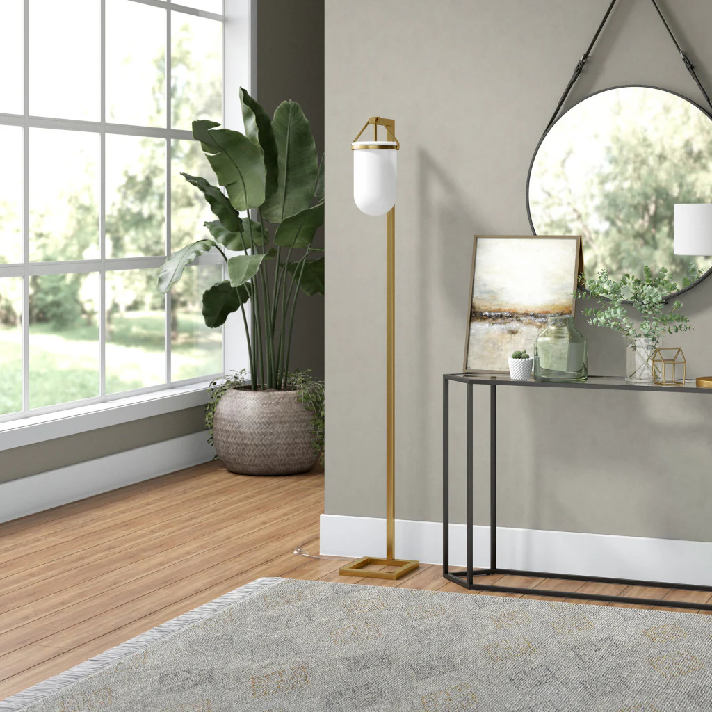 Brass Arched Floor Lamp With White No Pattern Frosted Glass Dome Shade By Homeroots - Image 5