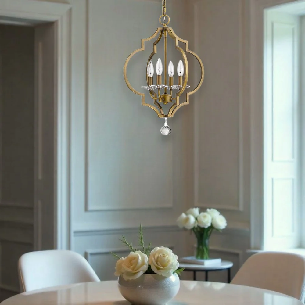 Brass Candle Style Four Light Metal and Crystals Dimmable Chandelier By Homeroots - Image 2
