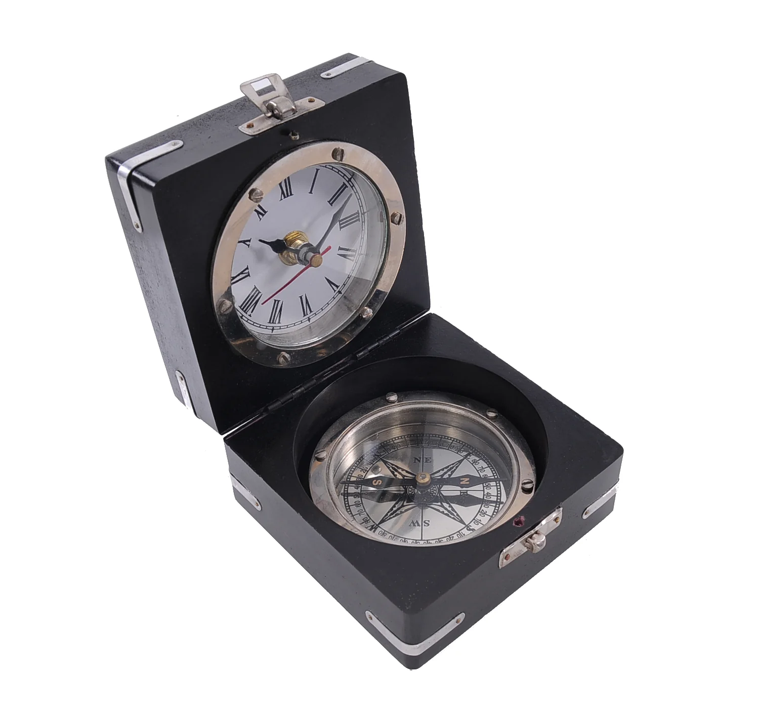Brass Compass and Clock with Wooden Case By Homeroots - Image 5