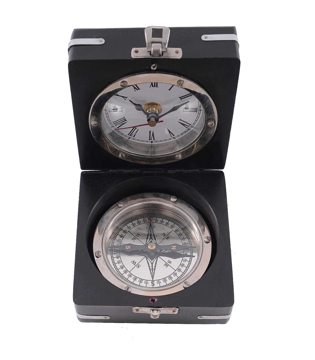 Brass Compass and Clock with Wooden Case By Homeroots - Image 6