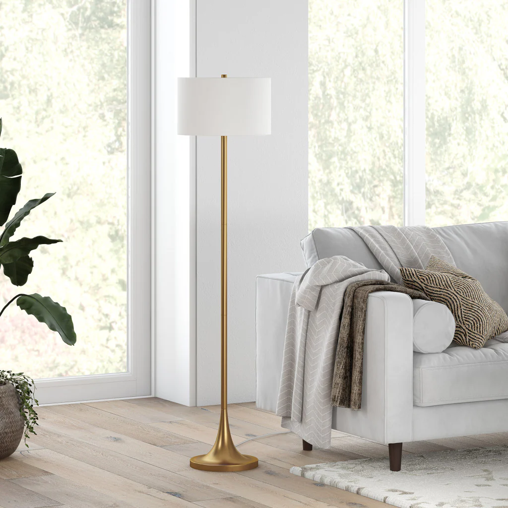Brass Floor Lamp With White Fabric Drum Shade By Homeroots - Image 7