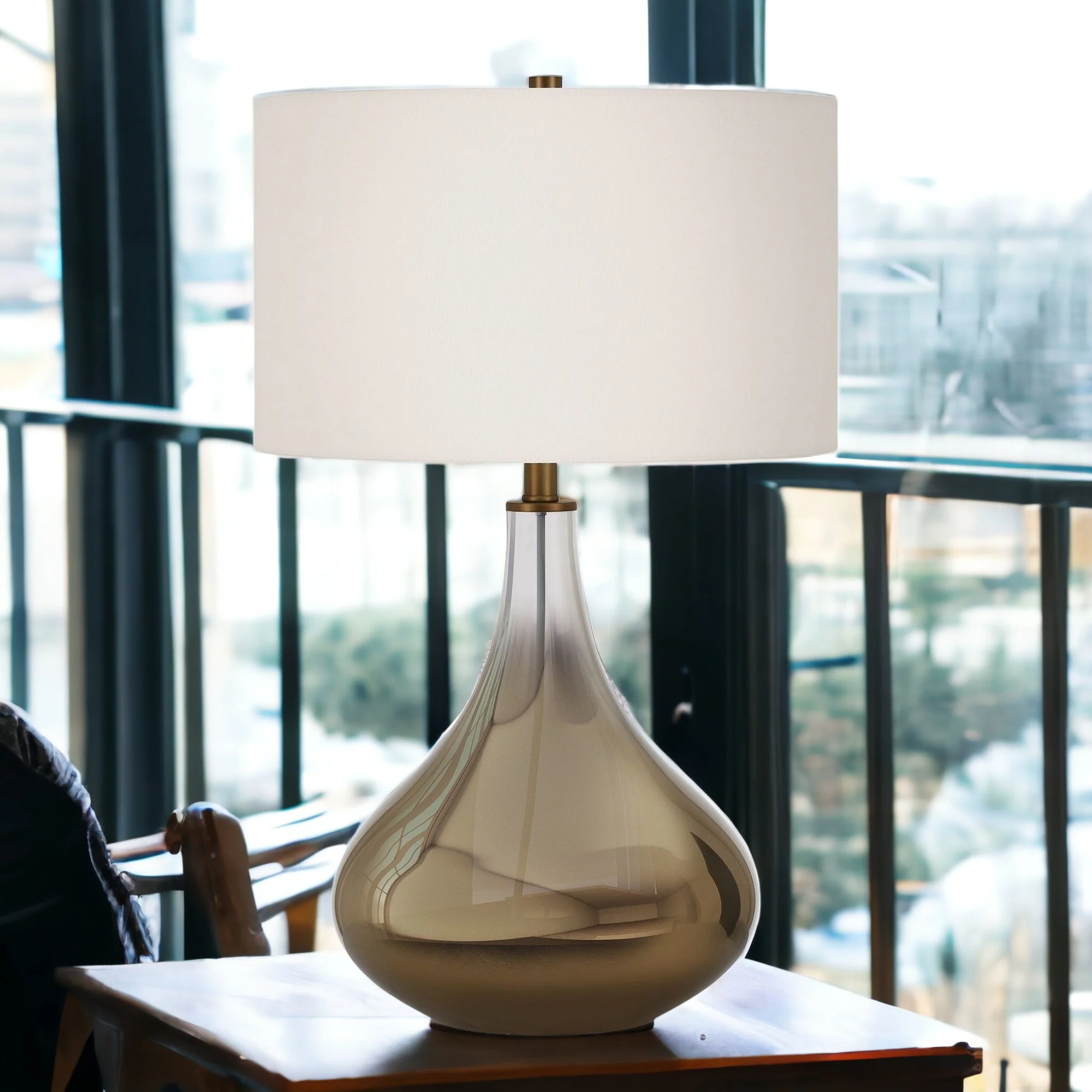 Brass Glass Gourd Table Lamp With White Drum Shade By Homeroots - Image 3