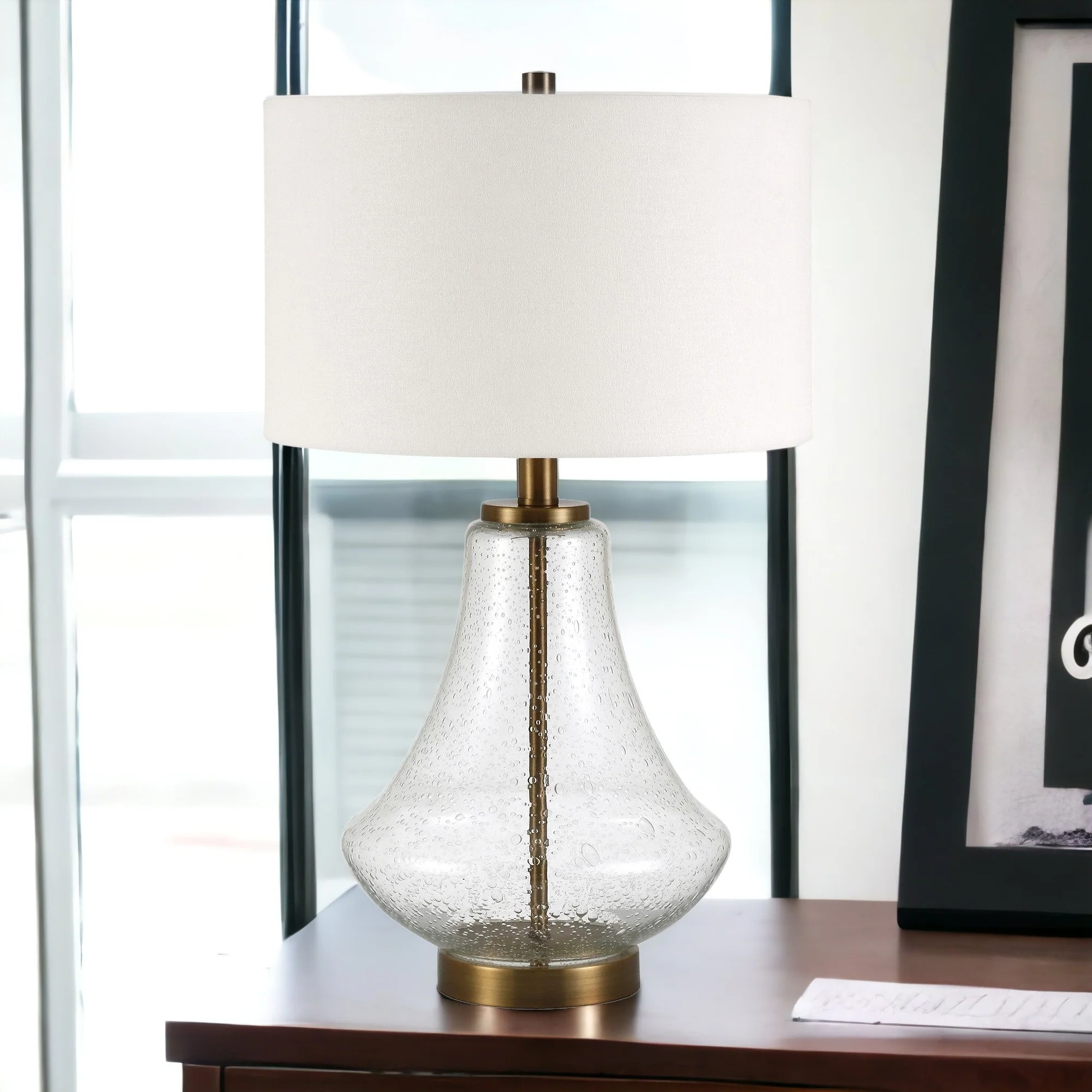 Brass Glass Table Lamp With White Drum Shade By Homeroots - Image 2