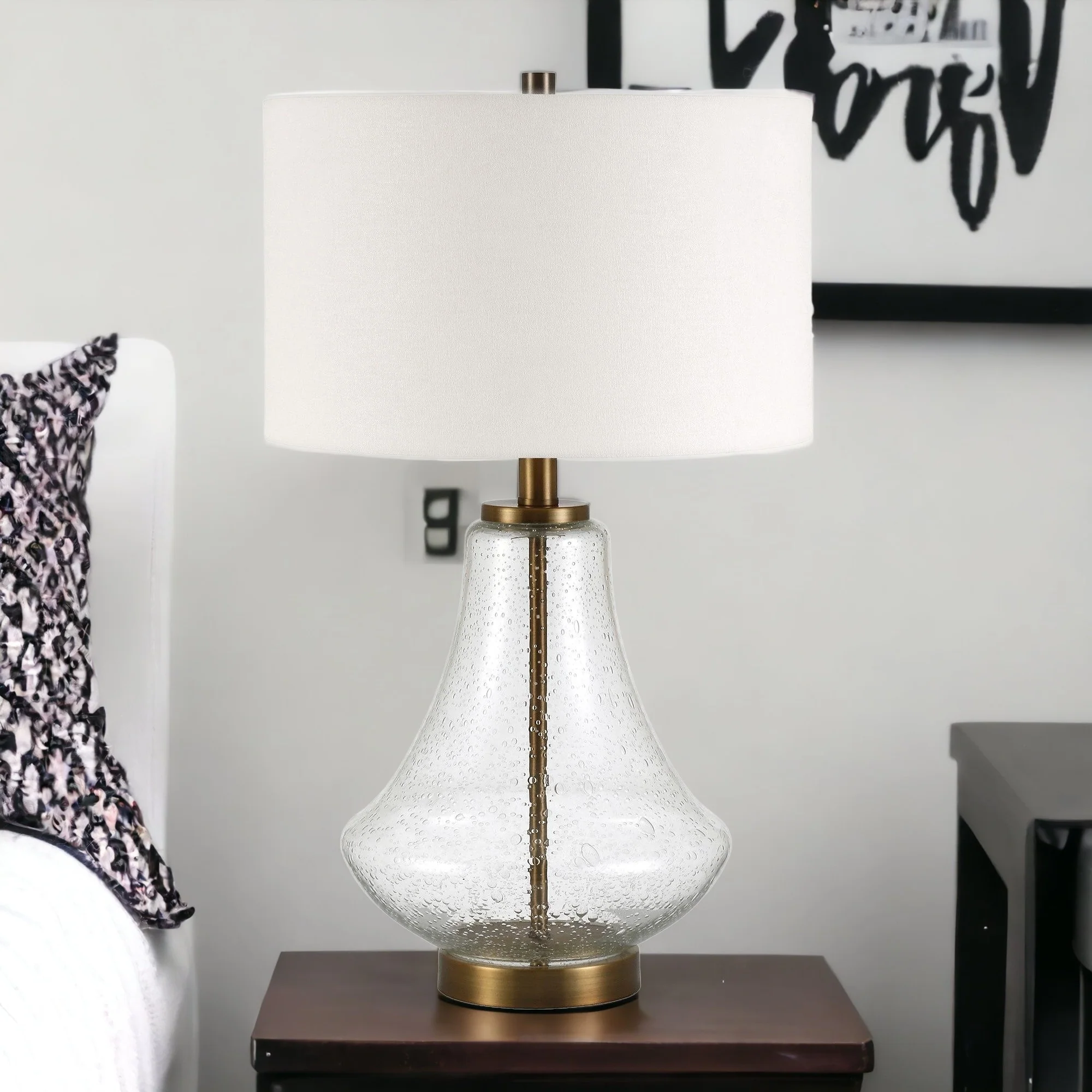 Brass Glass Table Lamp With White Drum Shade By Homeroots - Image 3
