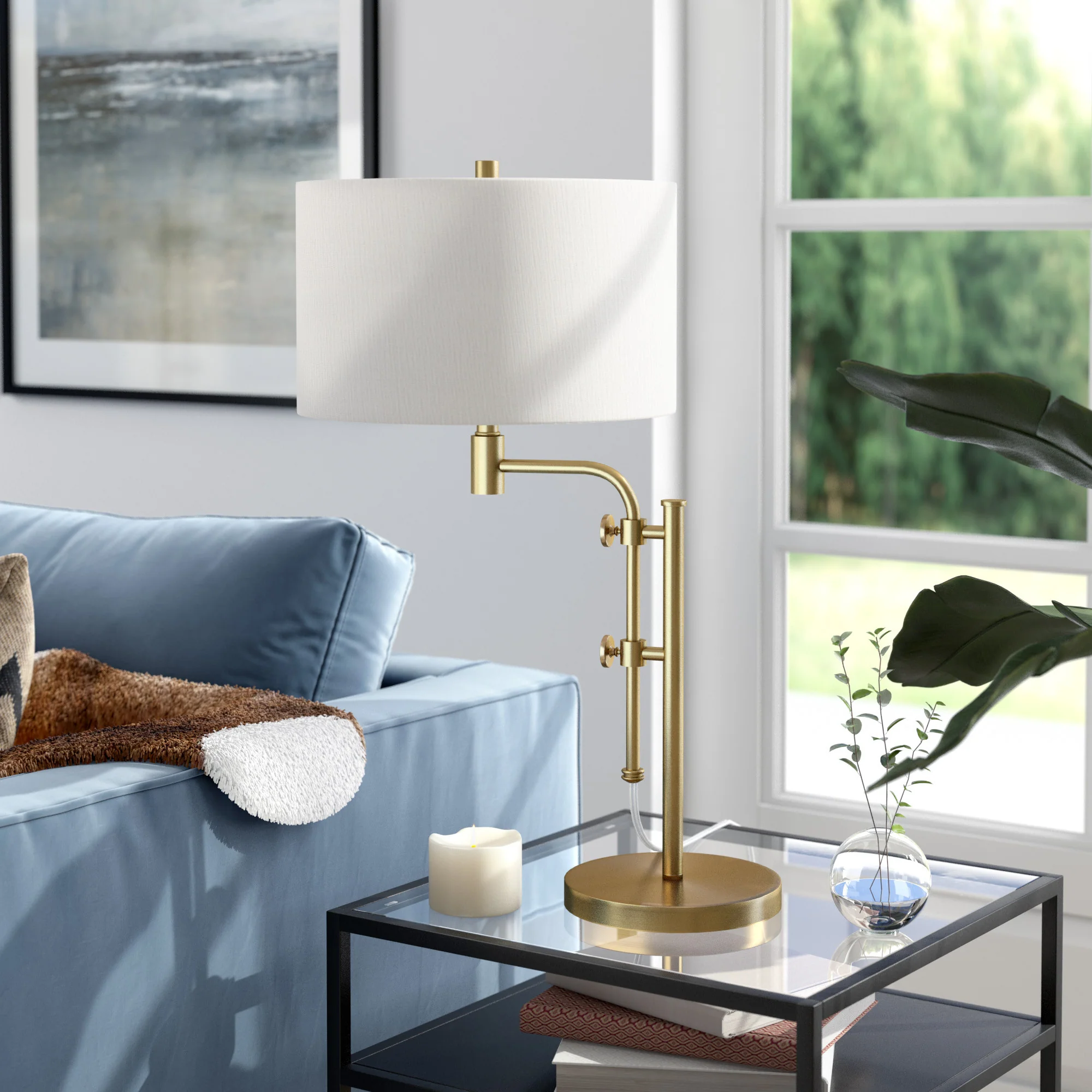 Brass Metal Adjustable Table Lamp With White Drum Shade By Homeroots - Image 2
